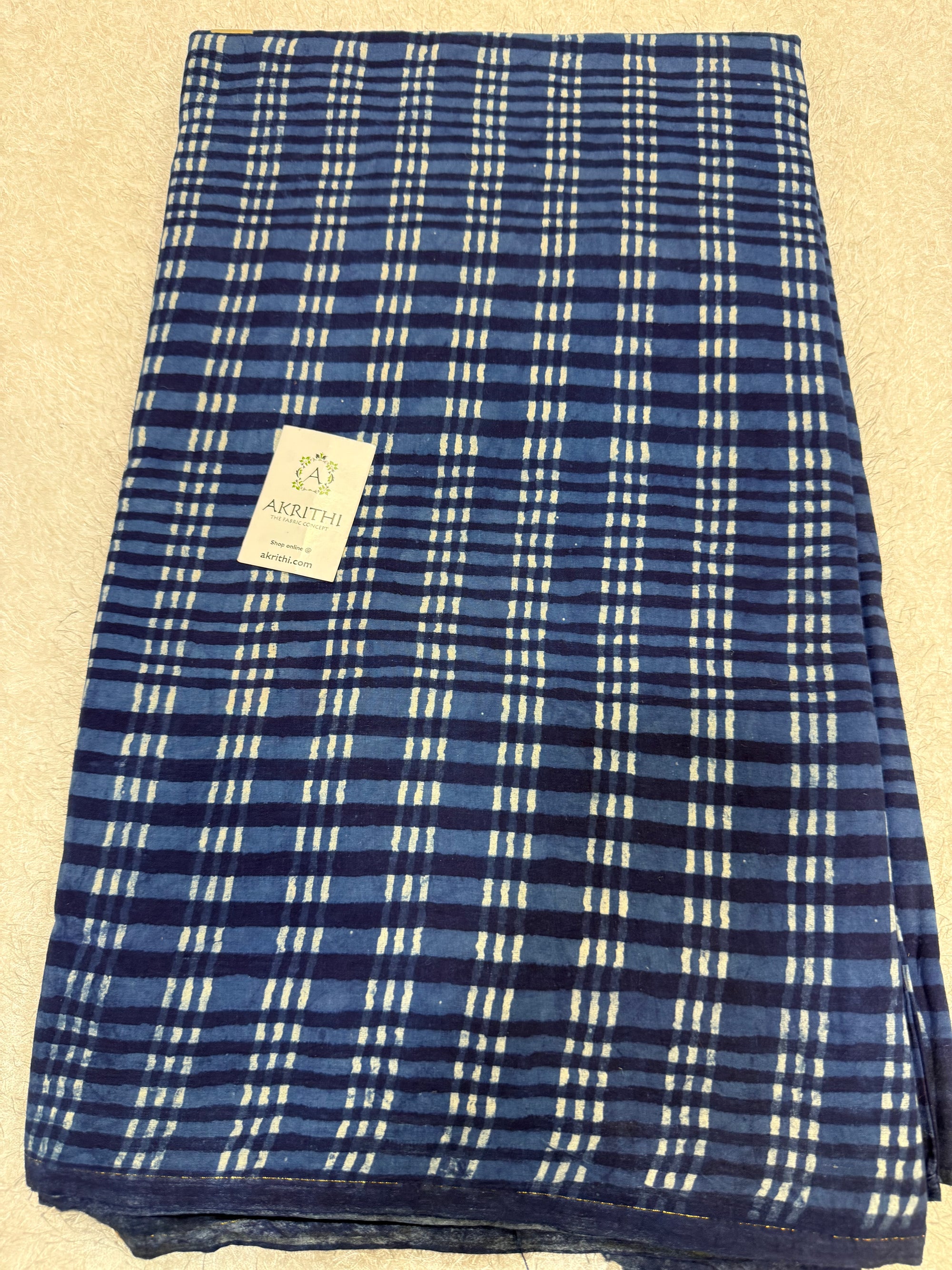 Indigo hand block printed pure cotton fabric