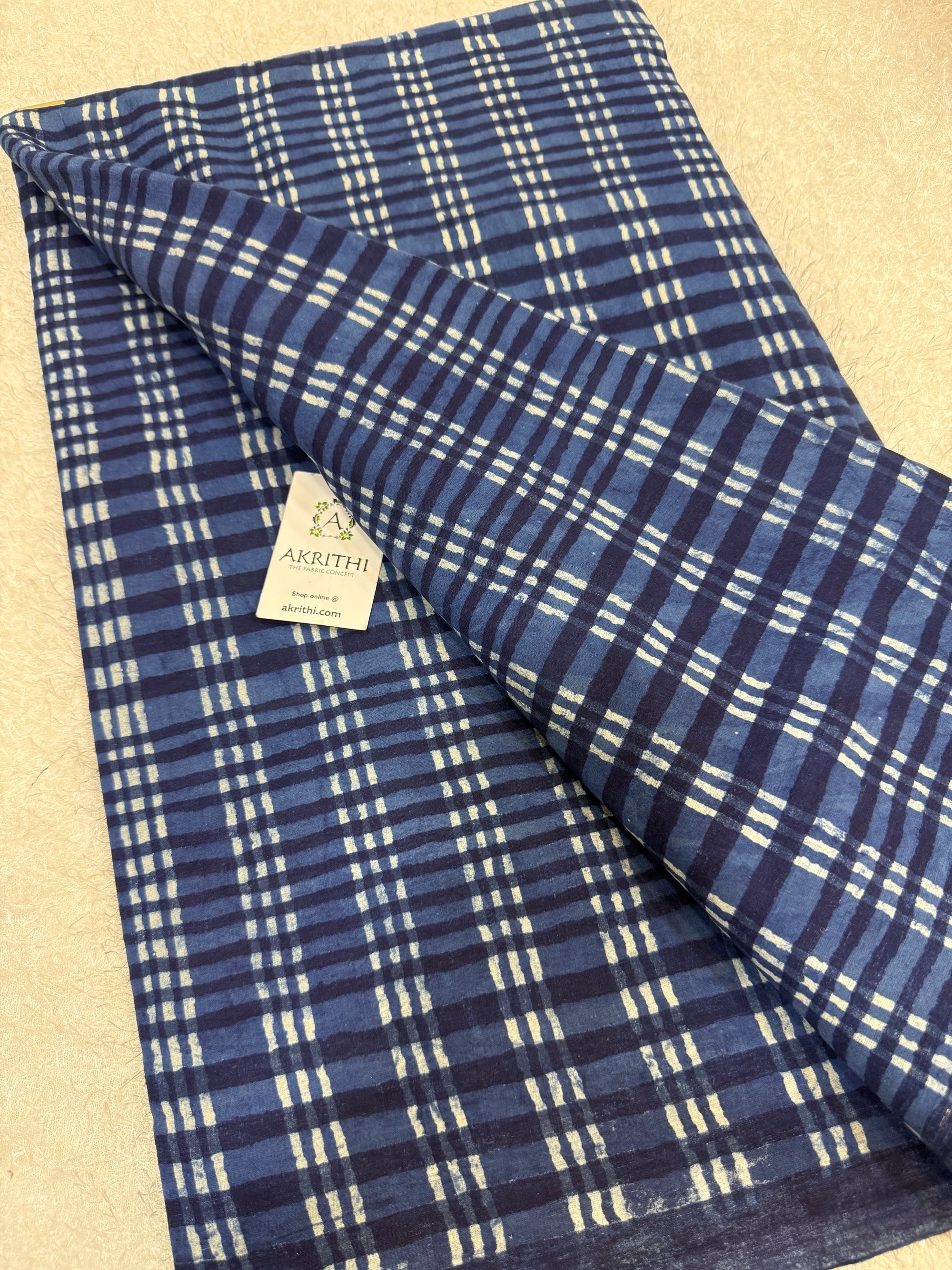 Indigo hand block printed pure cotton fabric