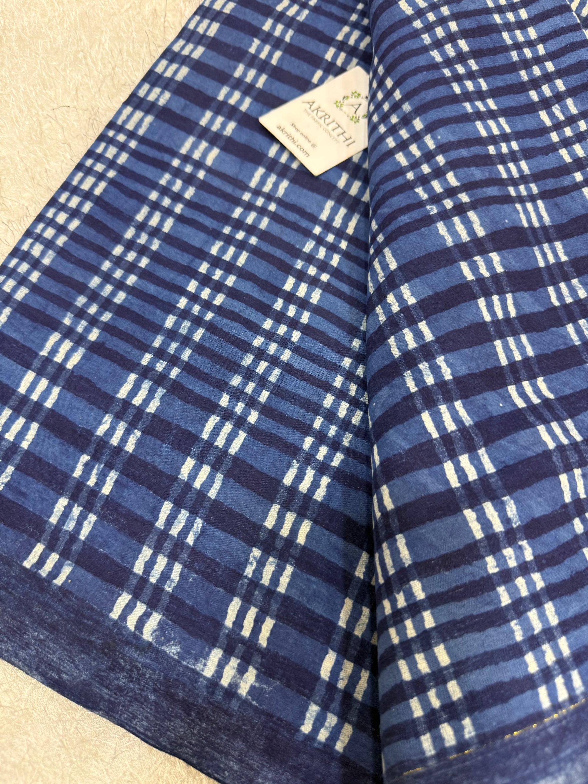 Indigo hand block printed pure cotton fabric
