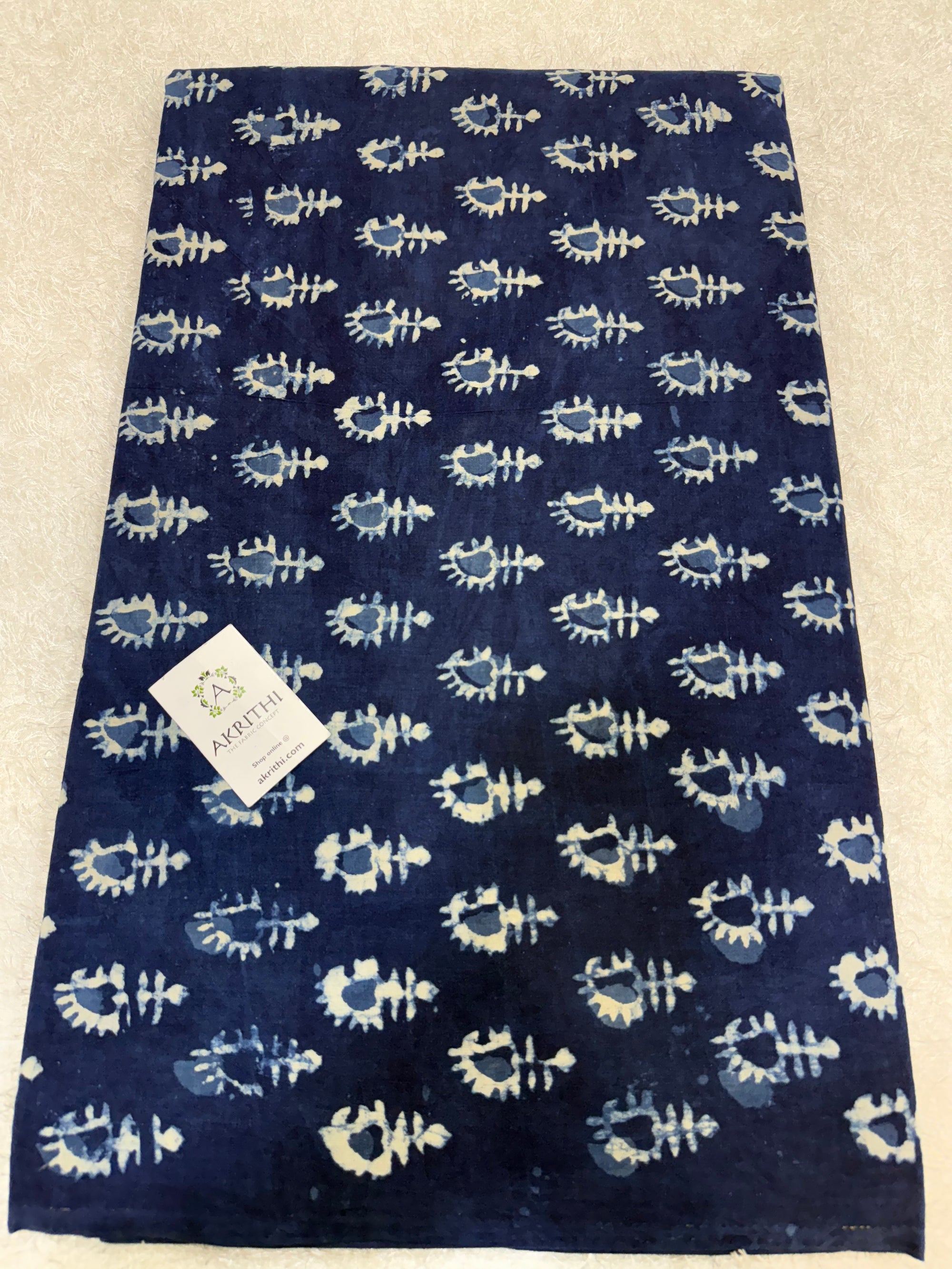 Indigo hand block printed pure cotton fabric
