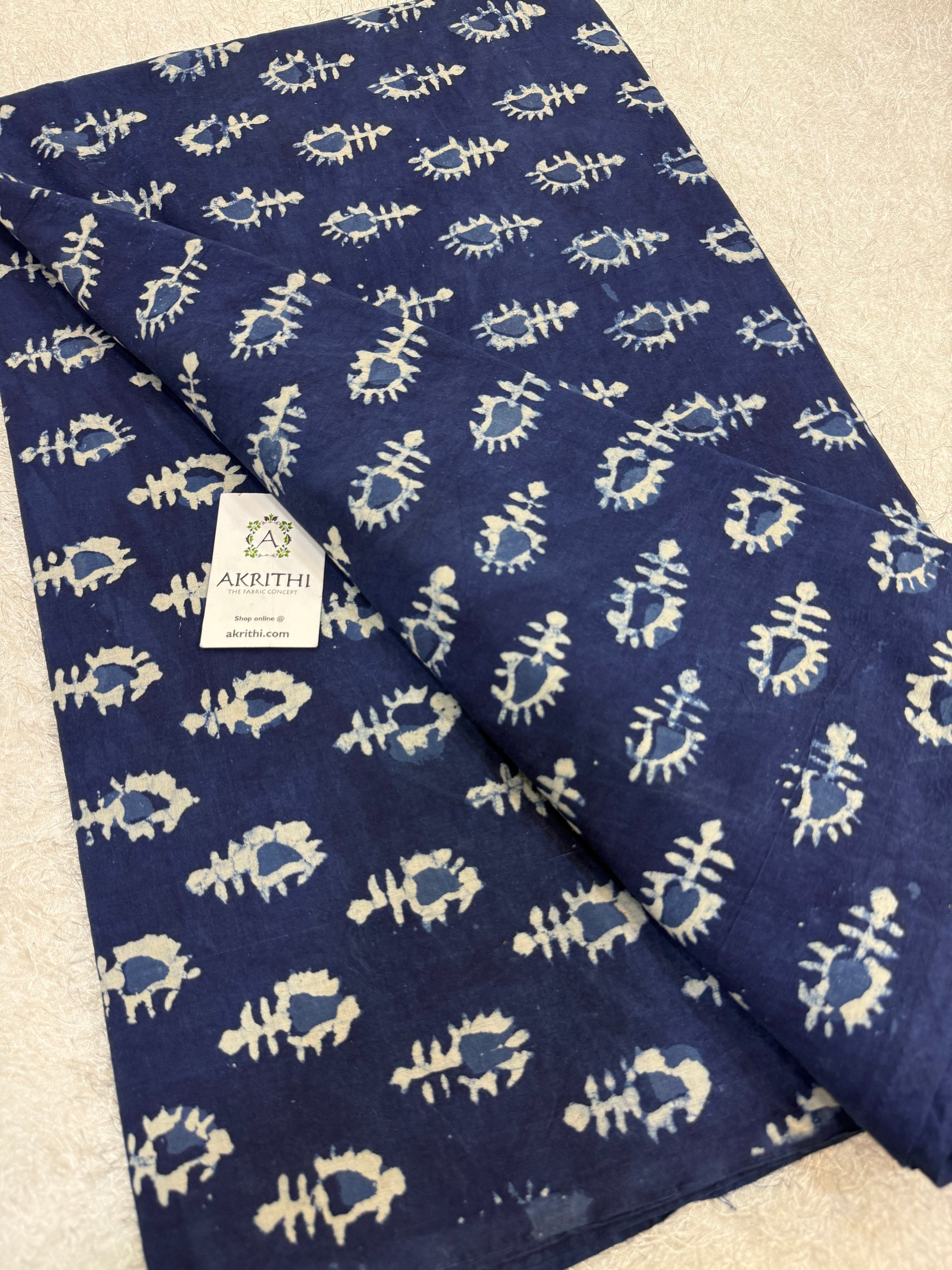 Indigo hand block printed pure cotton fabric