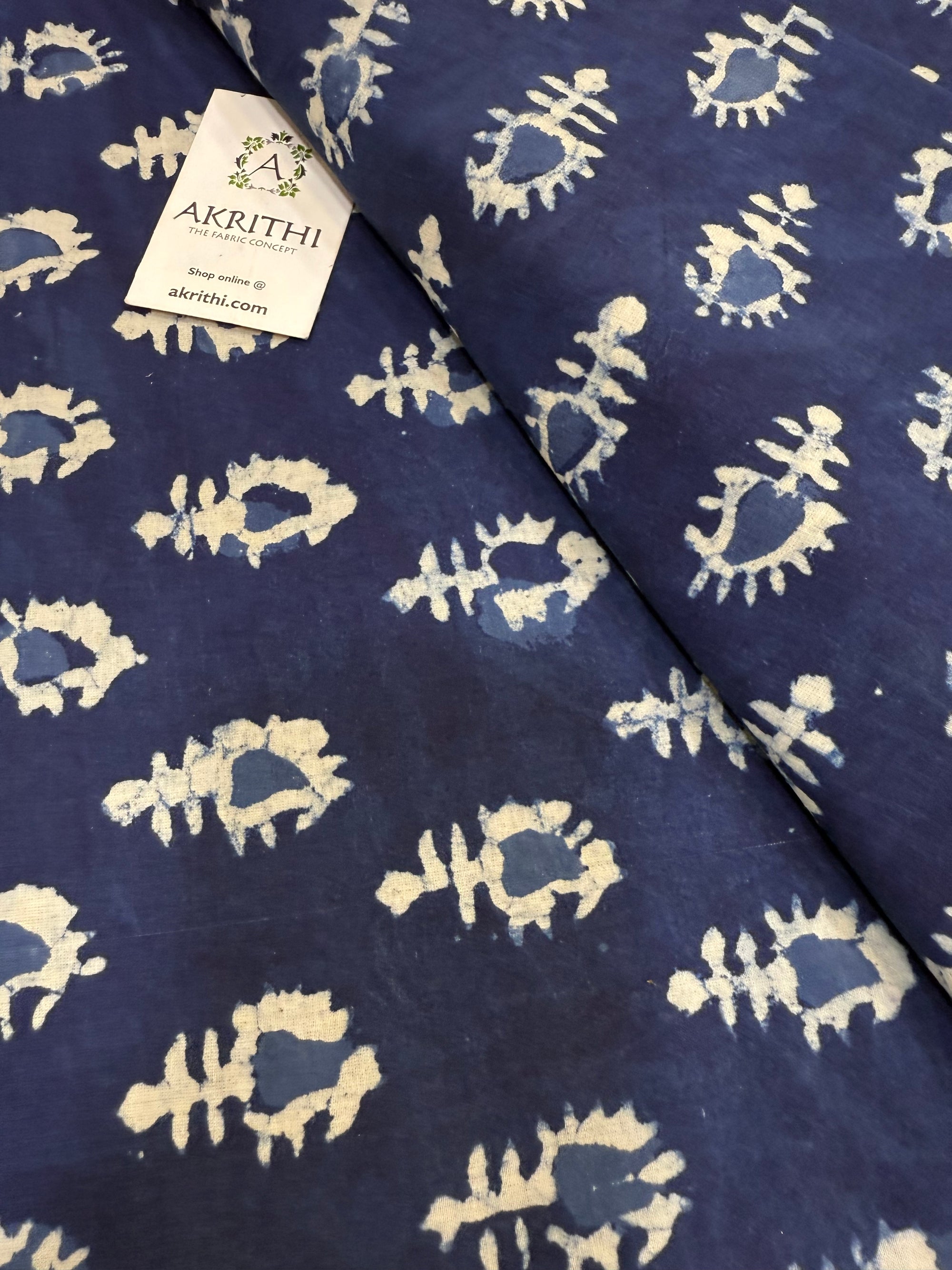 Indigo hand block printed pure cotton fabric