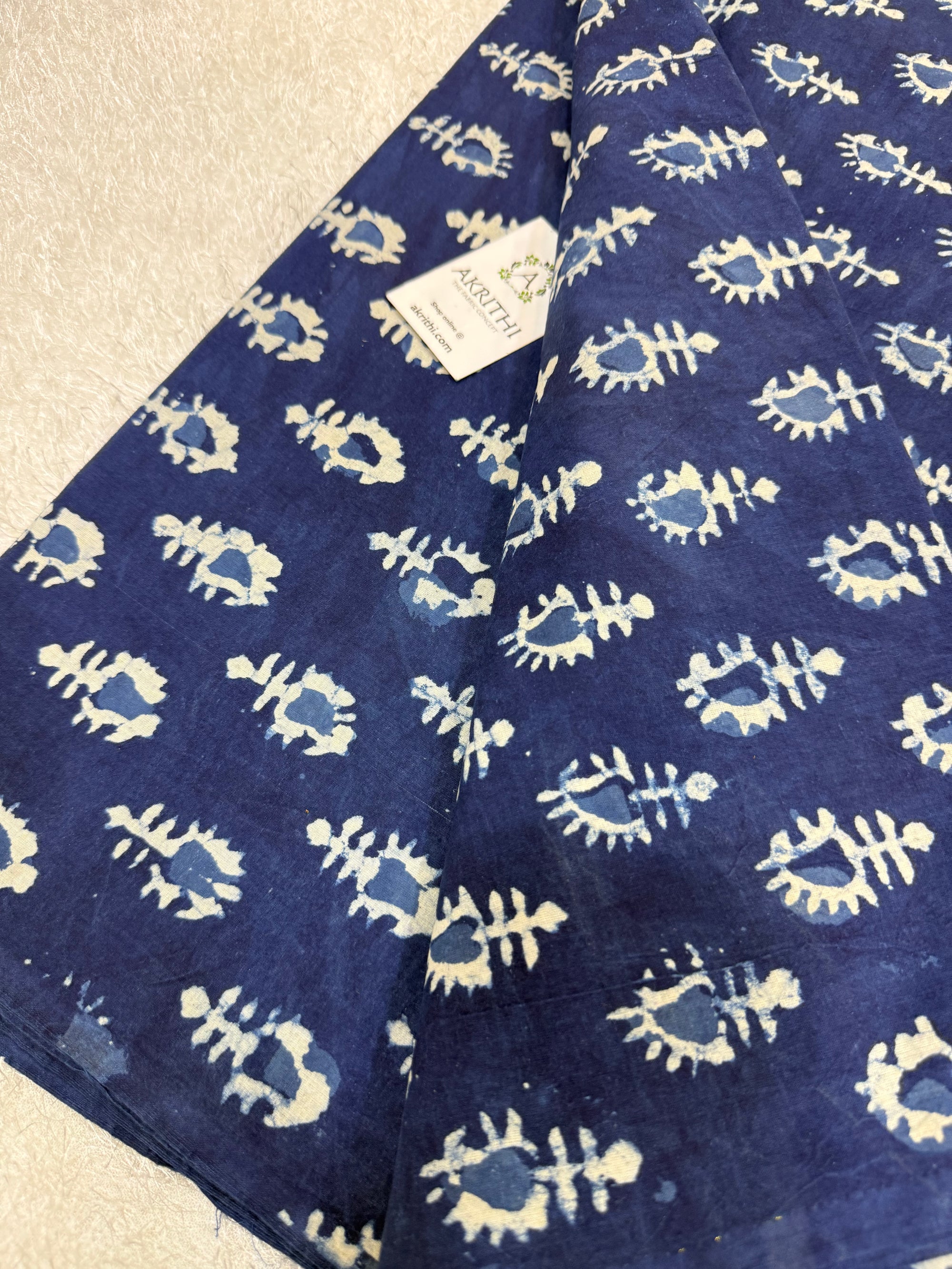 Indigo hand block printed pure cotton fabric