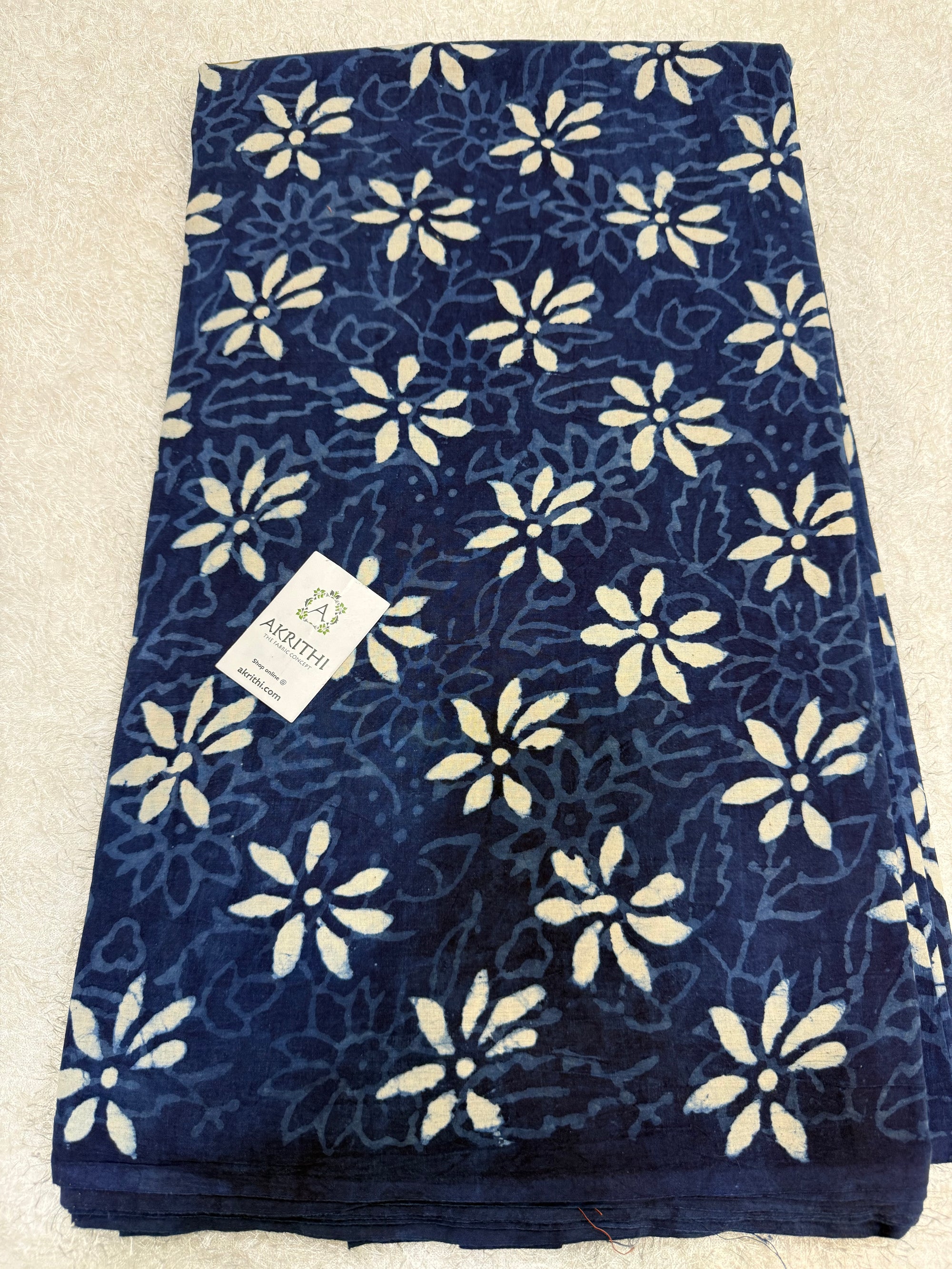 Indigo hand block printed pure cotton fabric