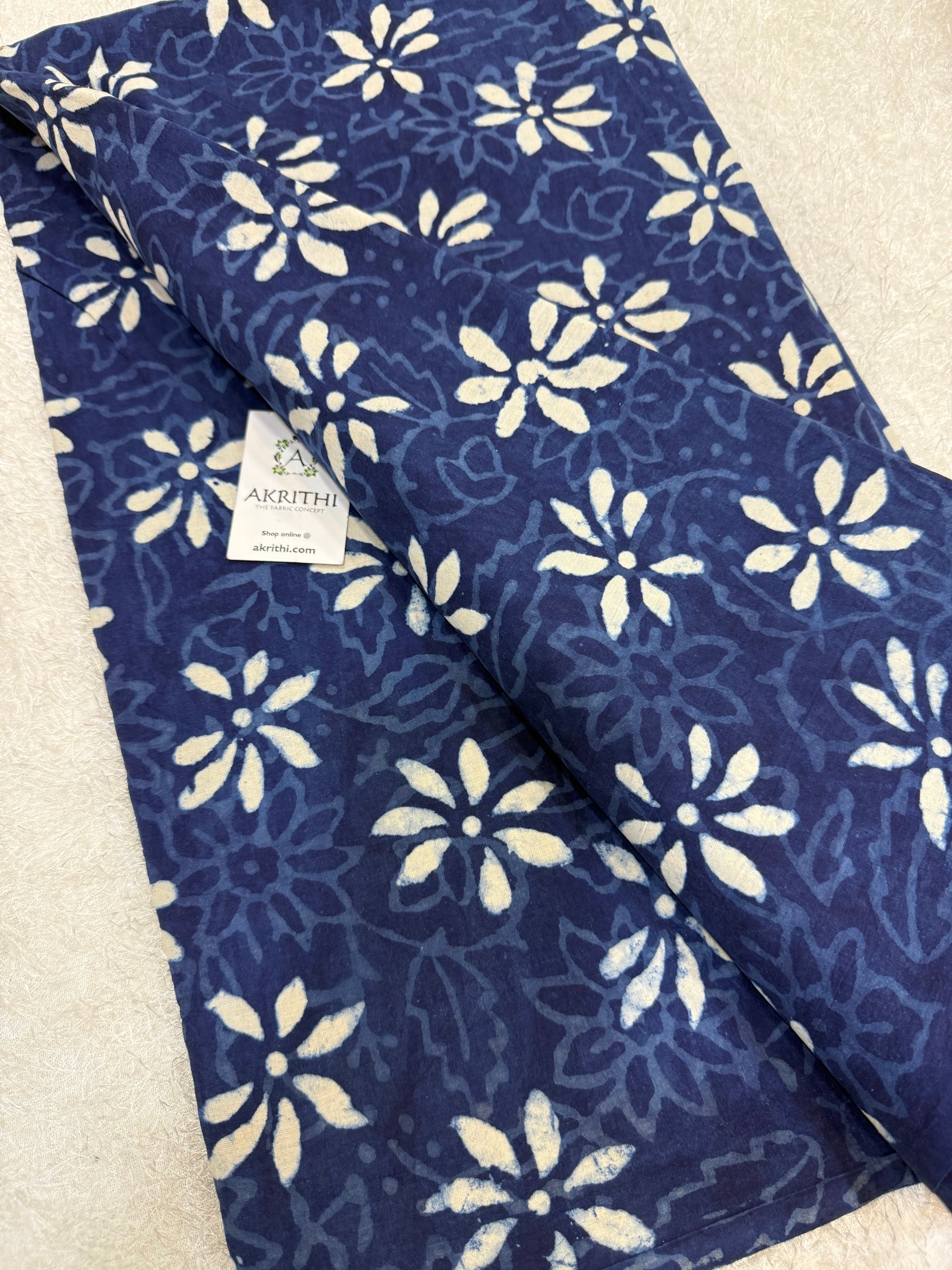 Indigo hand block printed pure cotton fabric