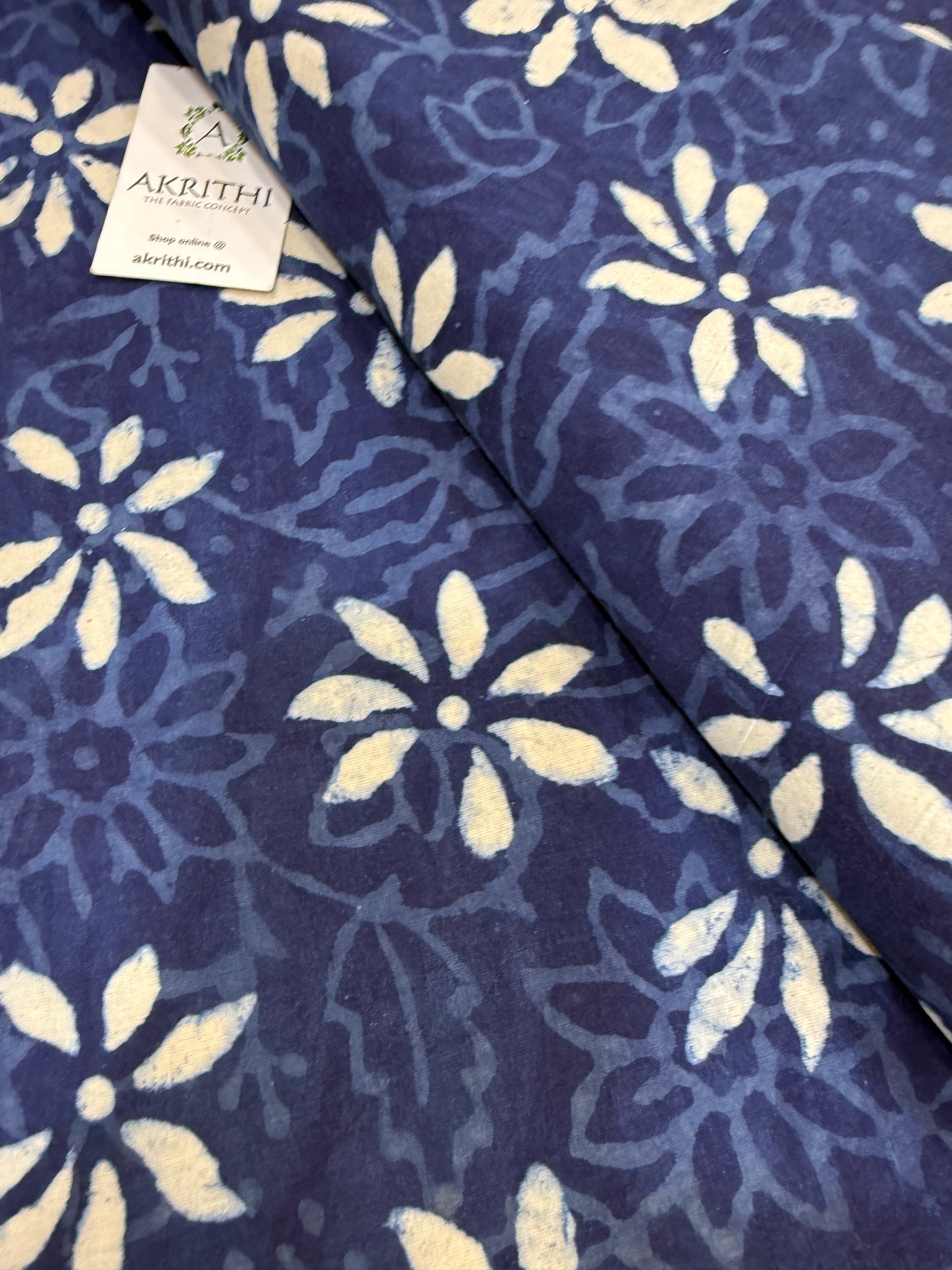 Indigo hand block printed pure cotton fabric