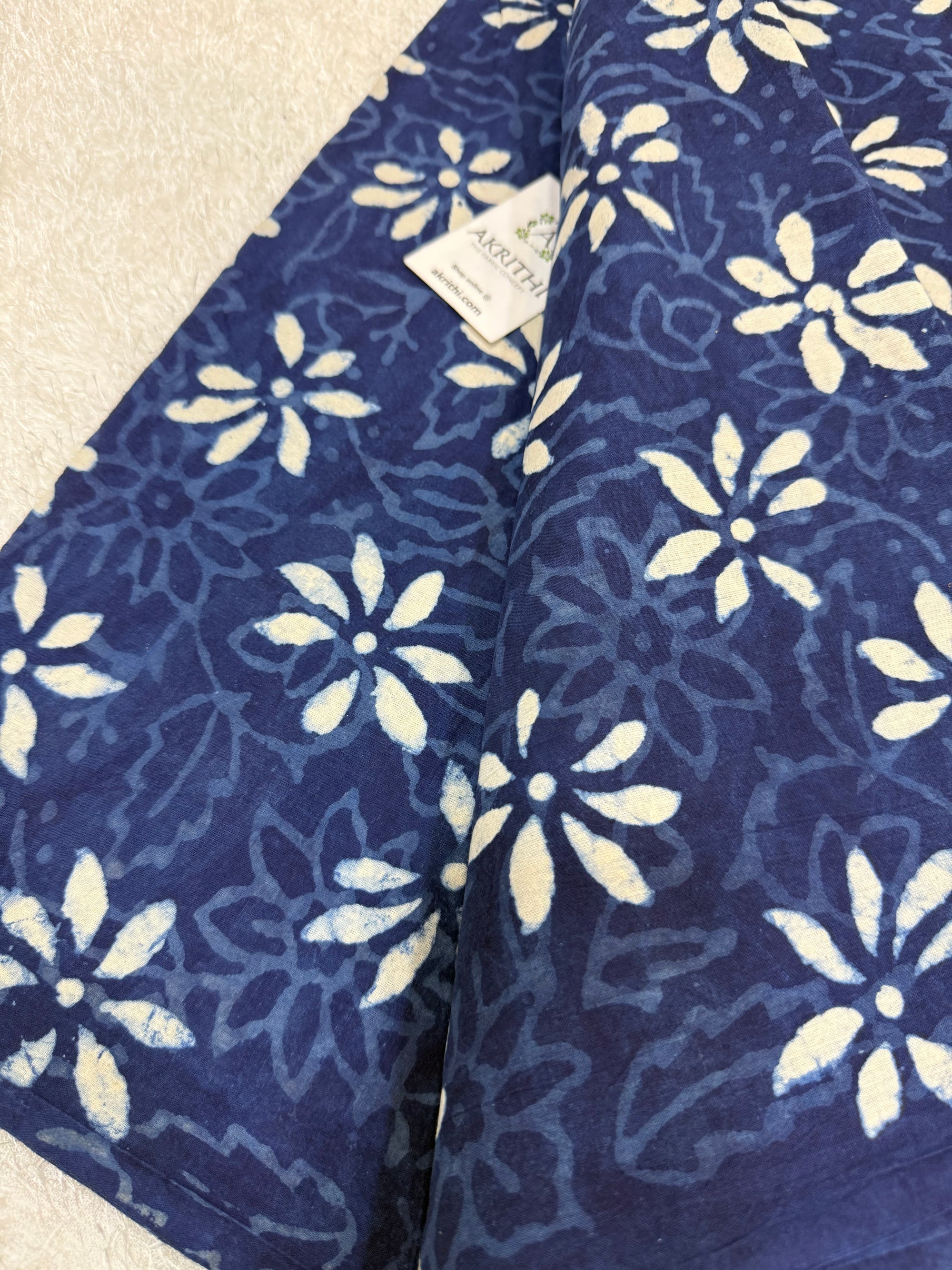 Indigo hand block printed pure cotton fabric