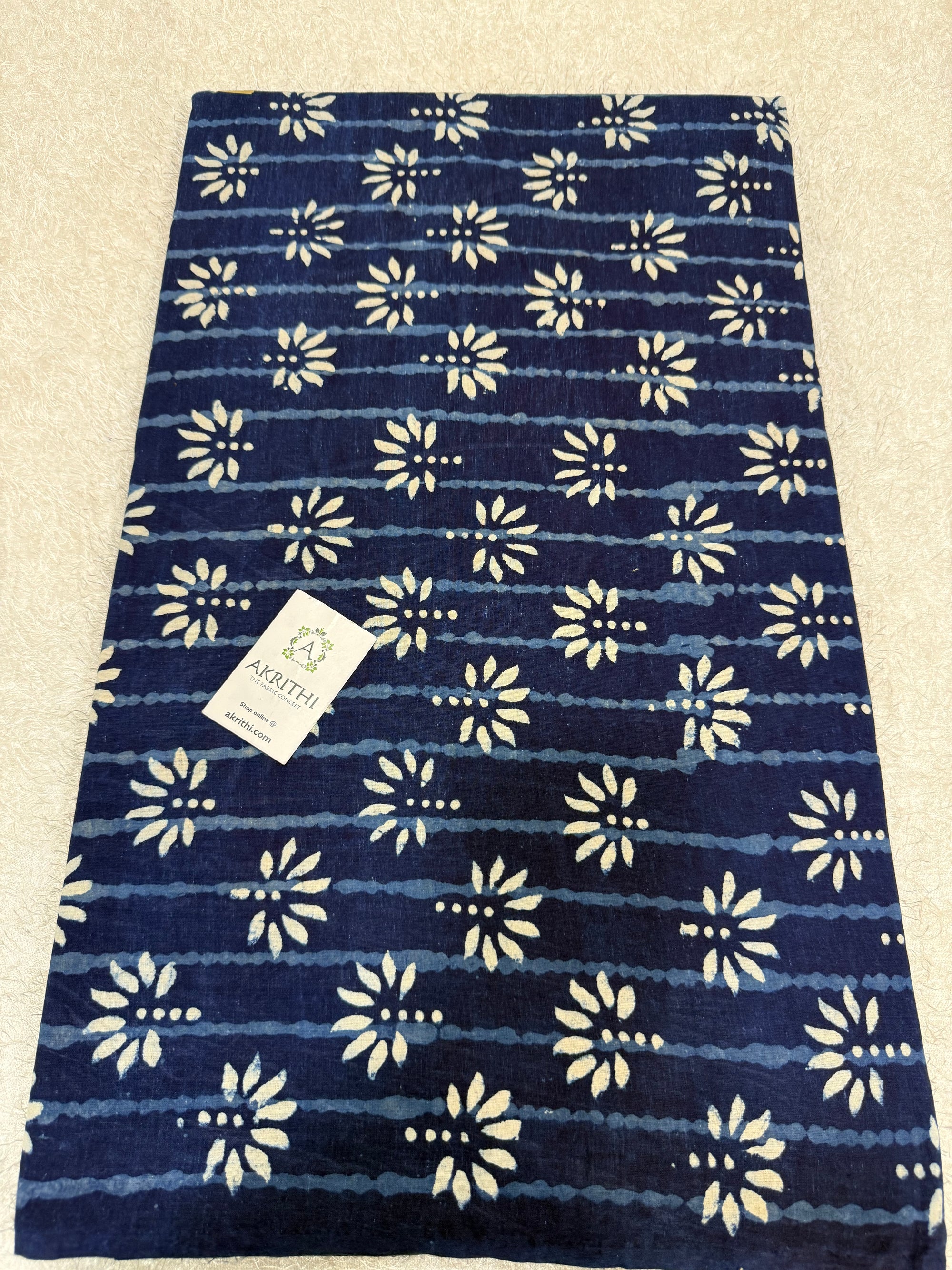 Indigo hand block printed pure cotton fabric