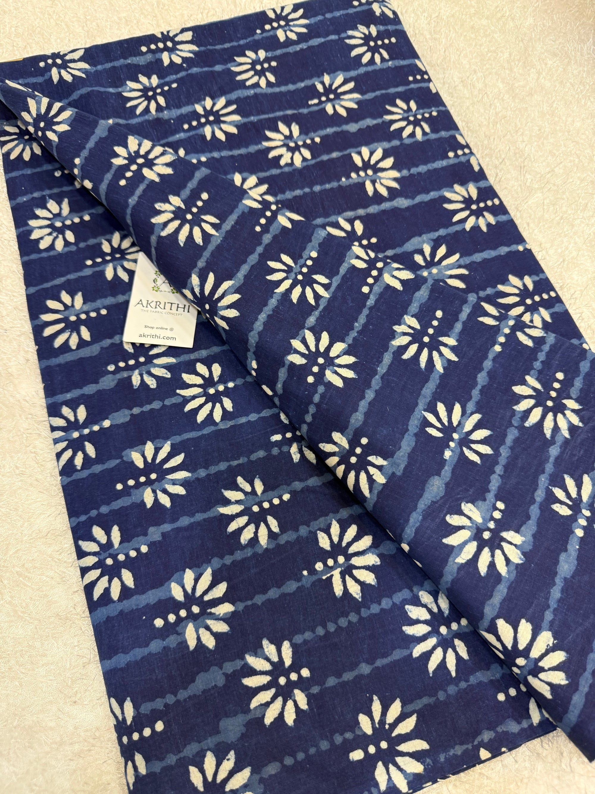 Indigo hand block printed pure cotton fabric