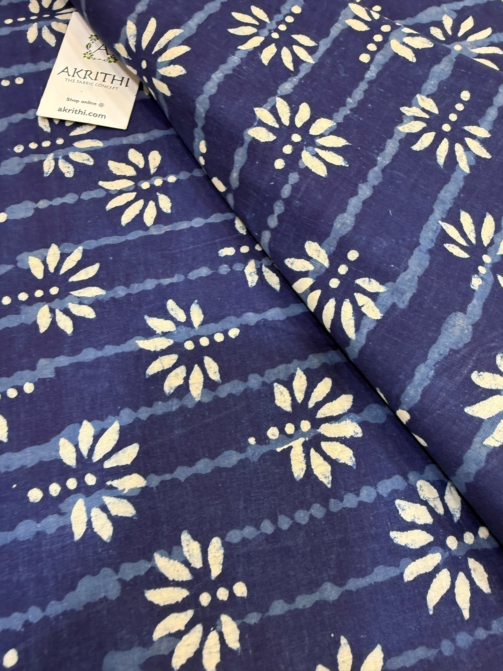Indigo hand block printed pure cotton fabric
