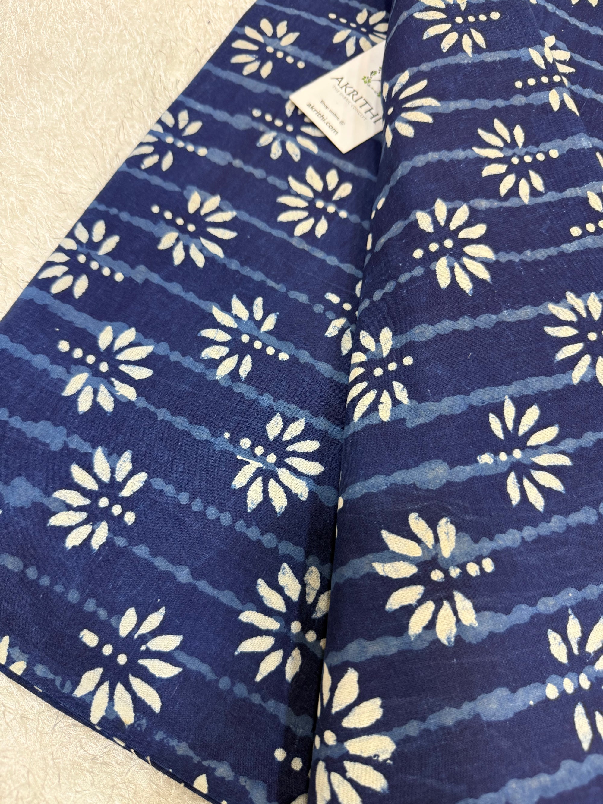 Indigo hand block printed pure cotton fabric