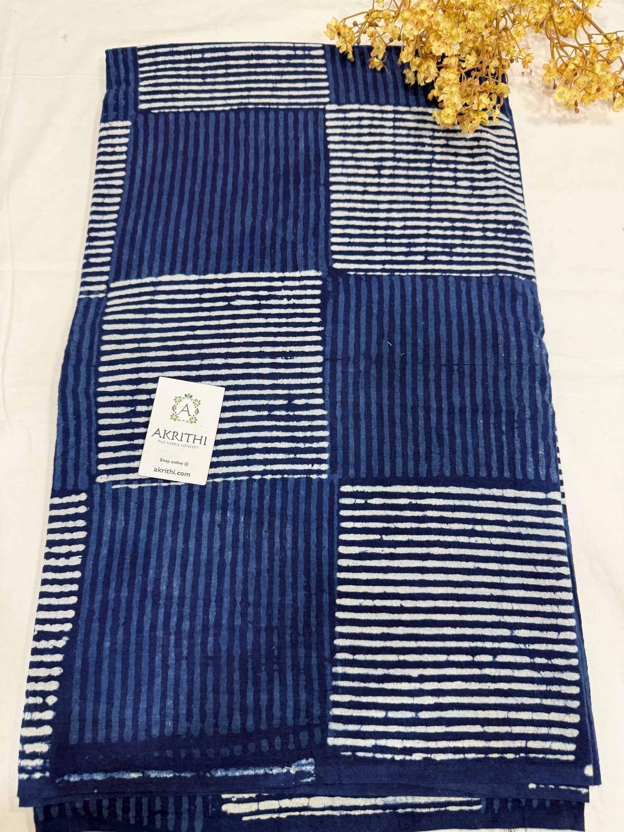 Indigo hand block printed pure cotton fabric