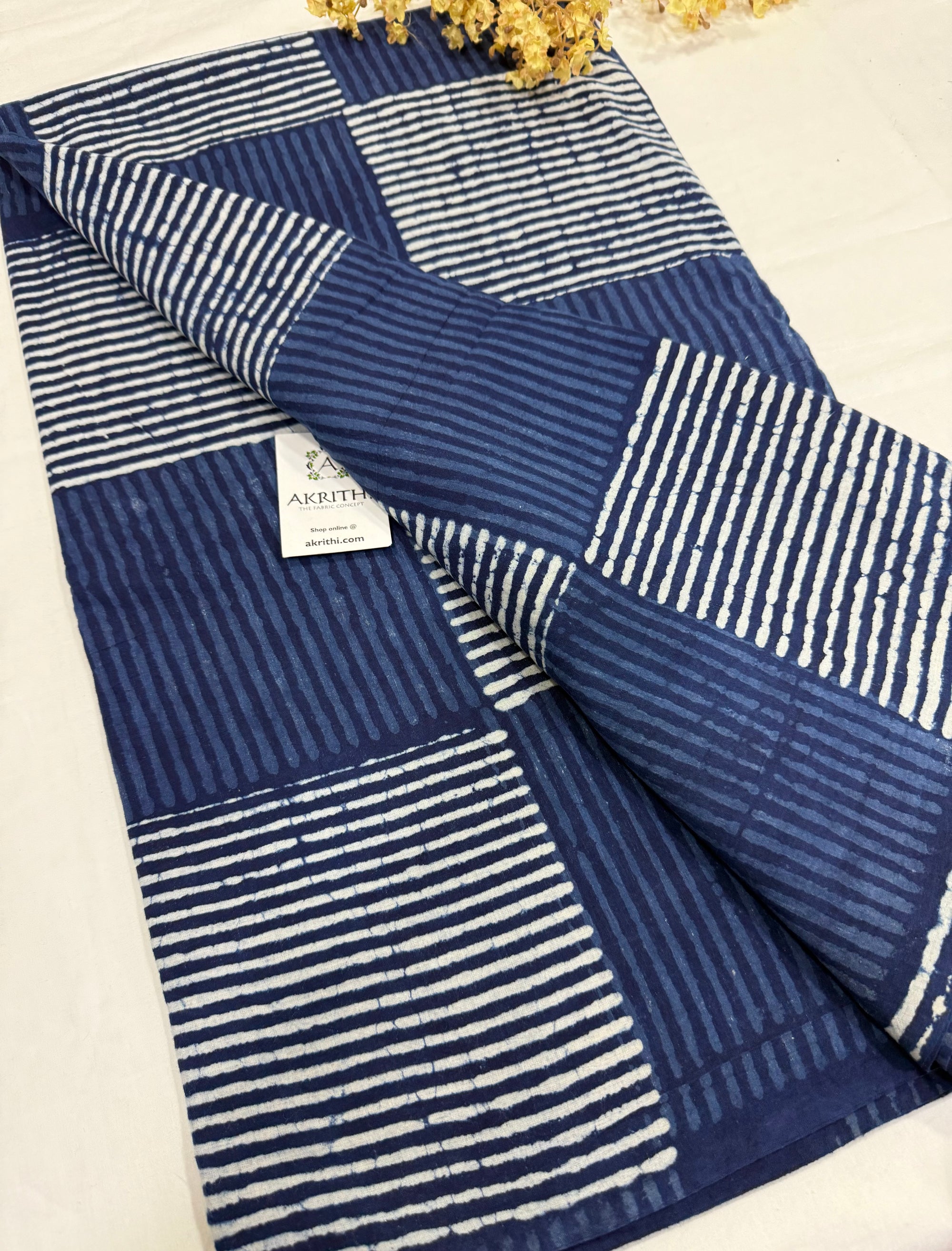 Indigo hand block printed pure cotton fabric