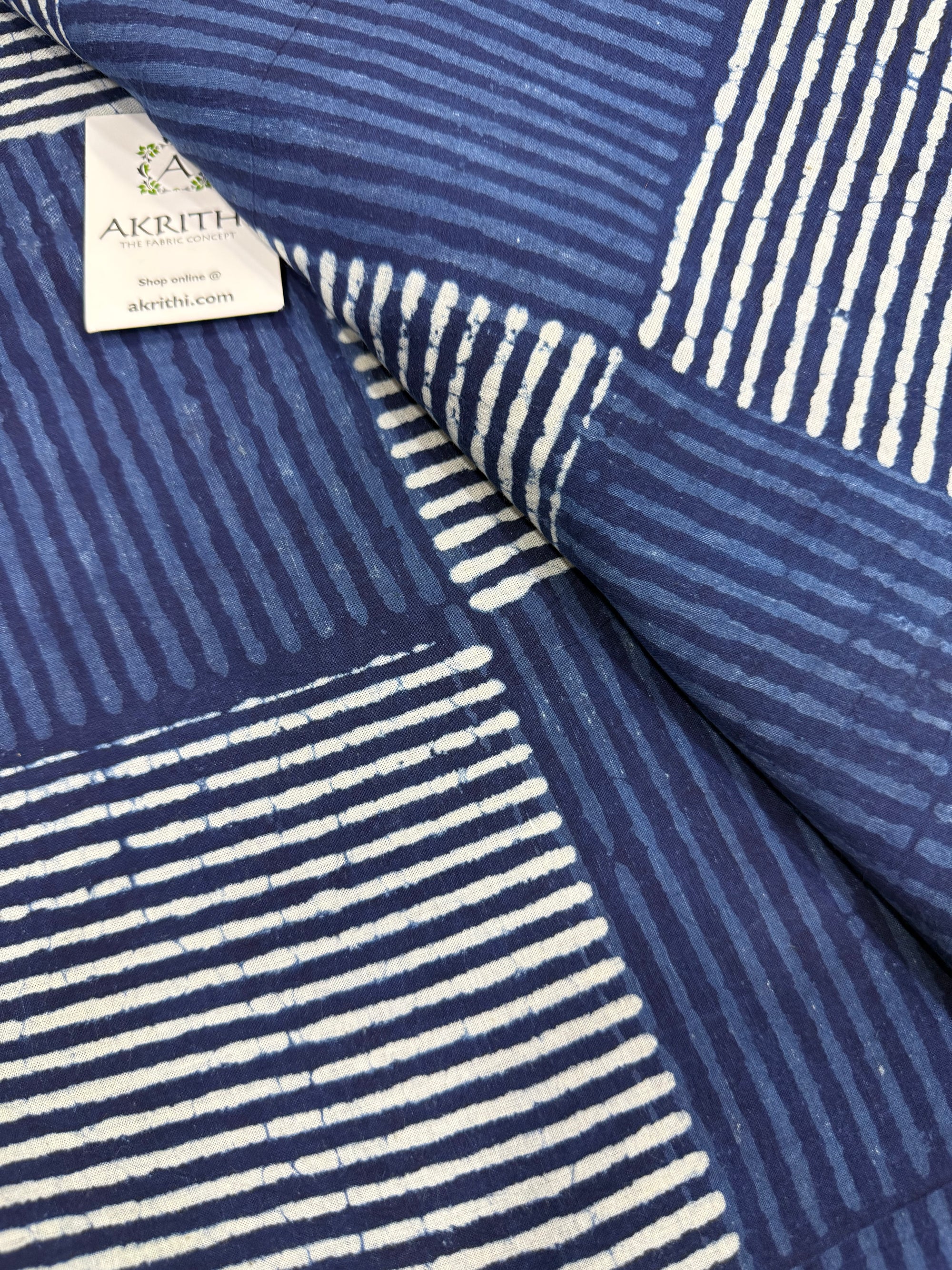 Indigo hand block printed pure cotton fabric