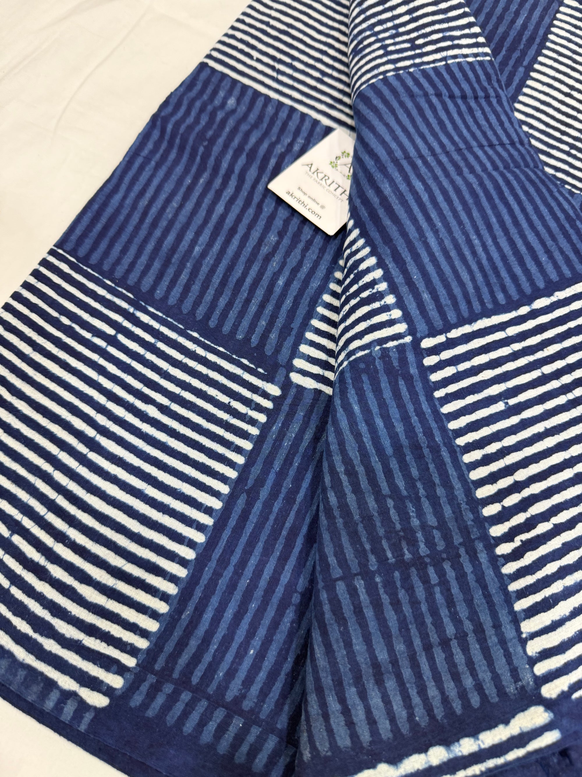 Indigo hand block printed pure cotton fabric