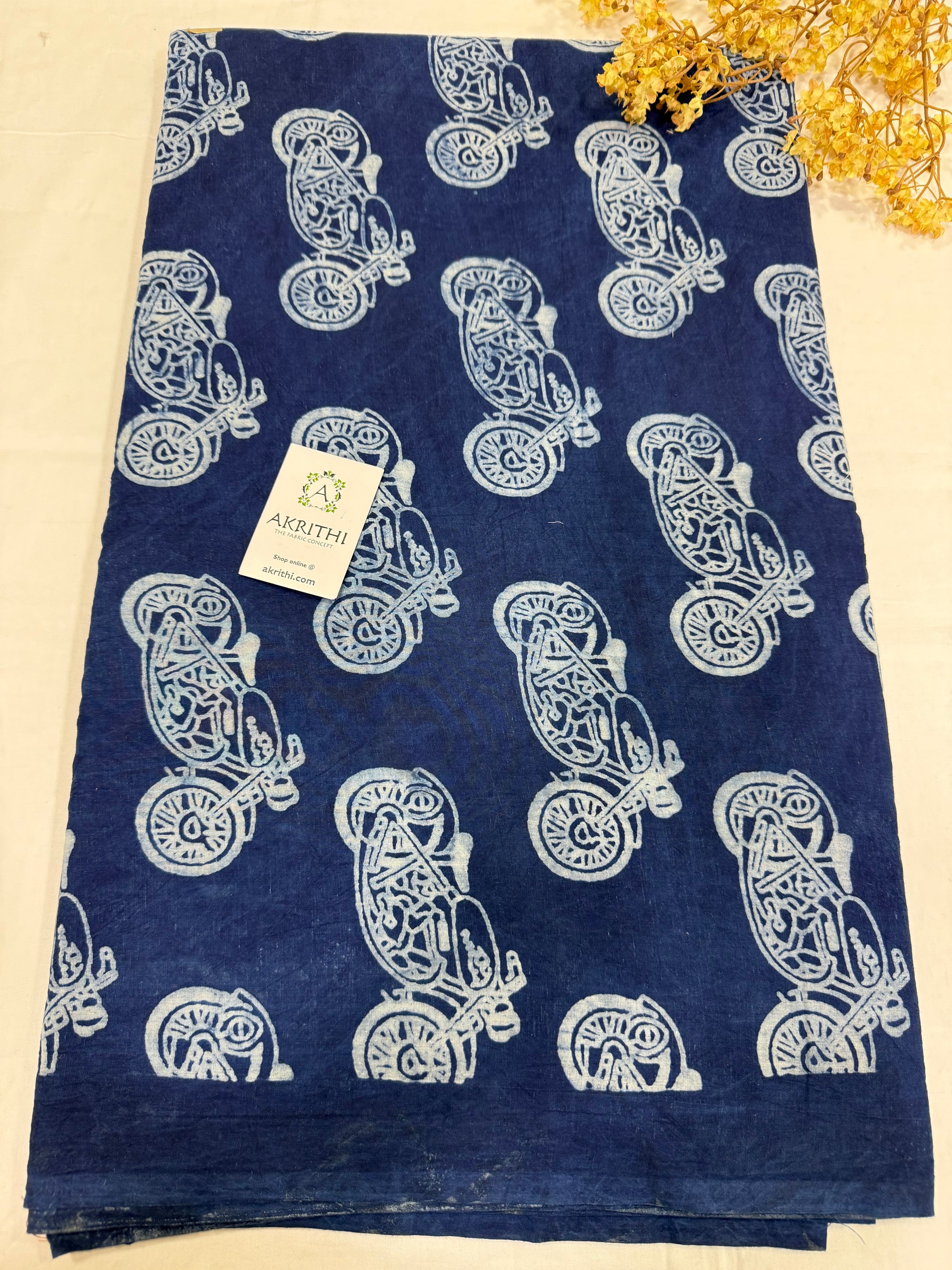 Indigo hand block printed pure cotton fabric