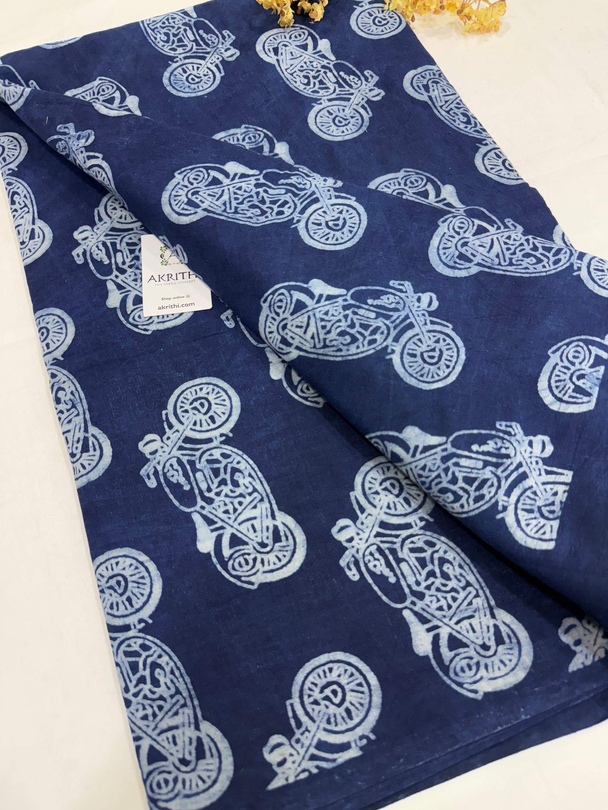 Indigo hand block printed pure cotton fabric