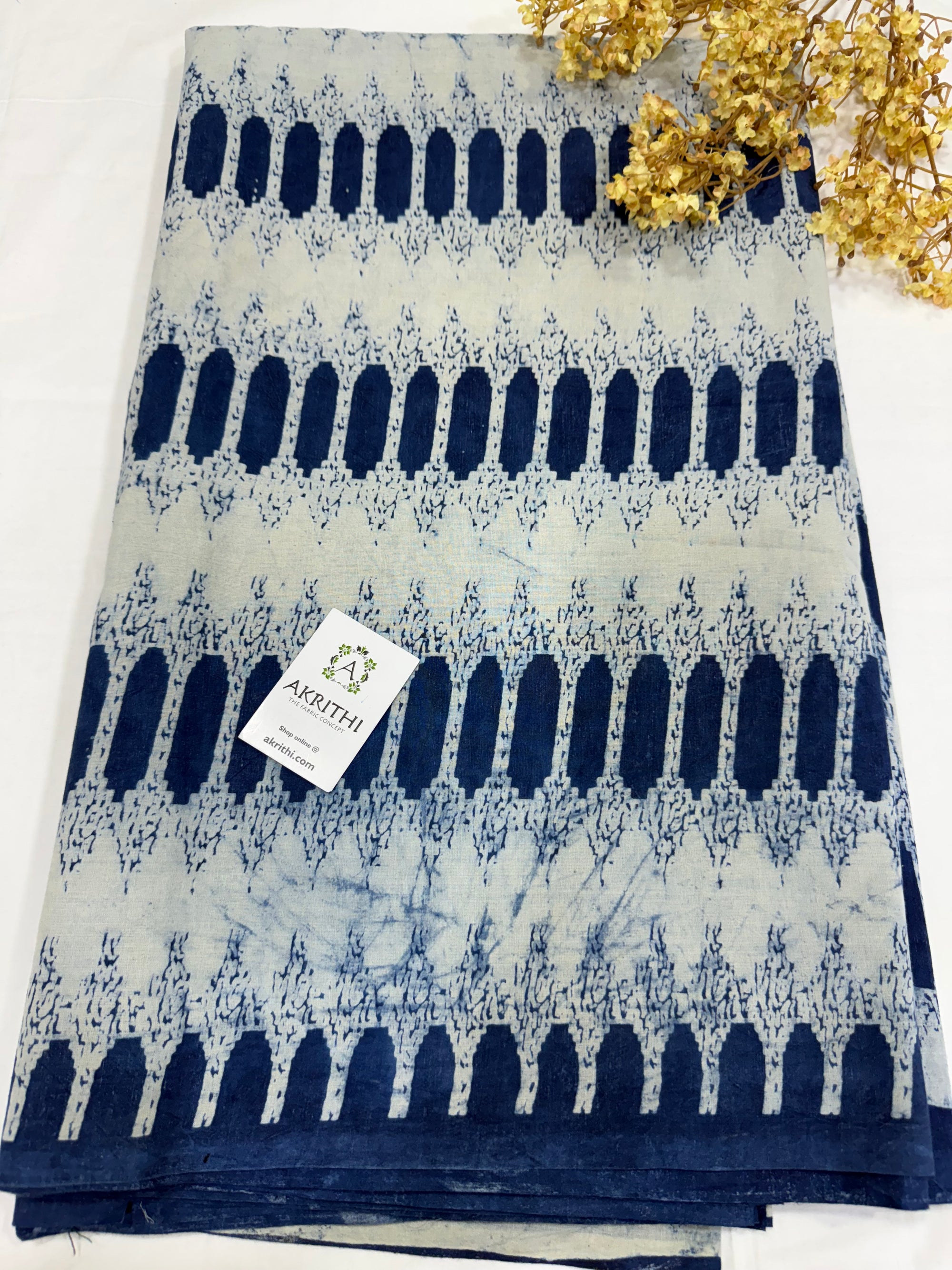 Indigo hand block printed pure cotton fabric