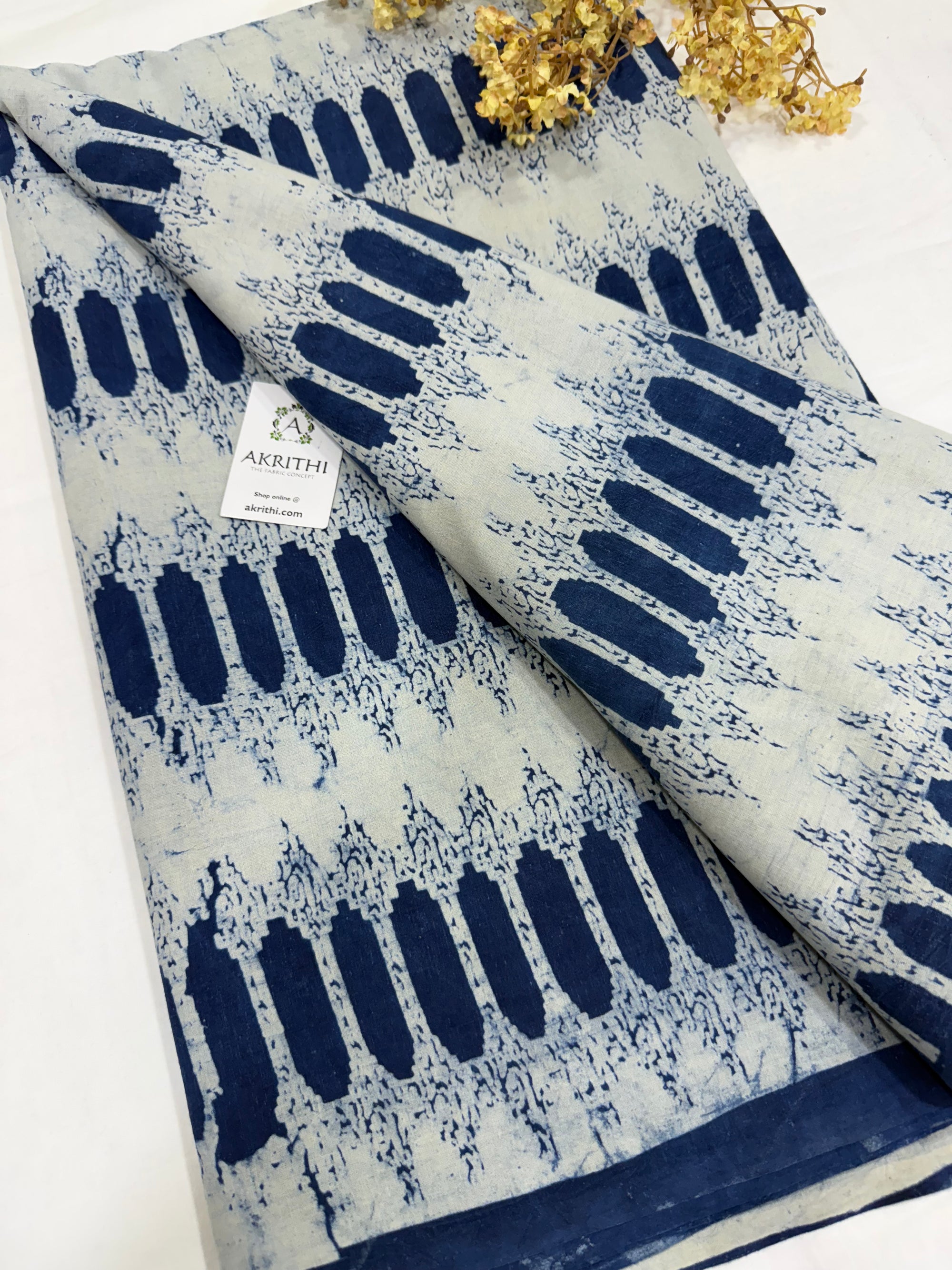 Indigo hand block printed pure cotton fabric