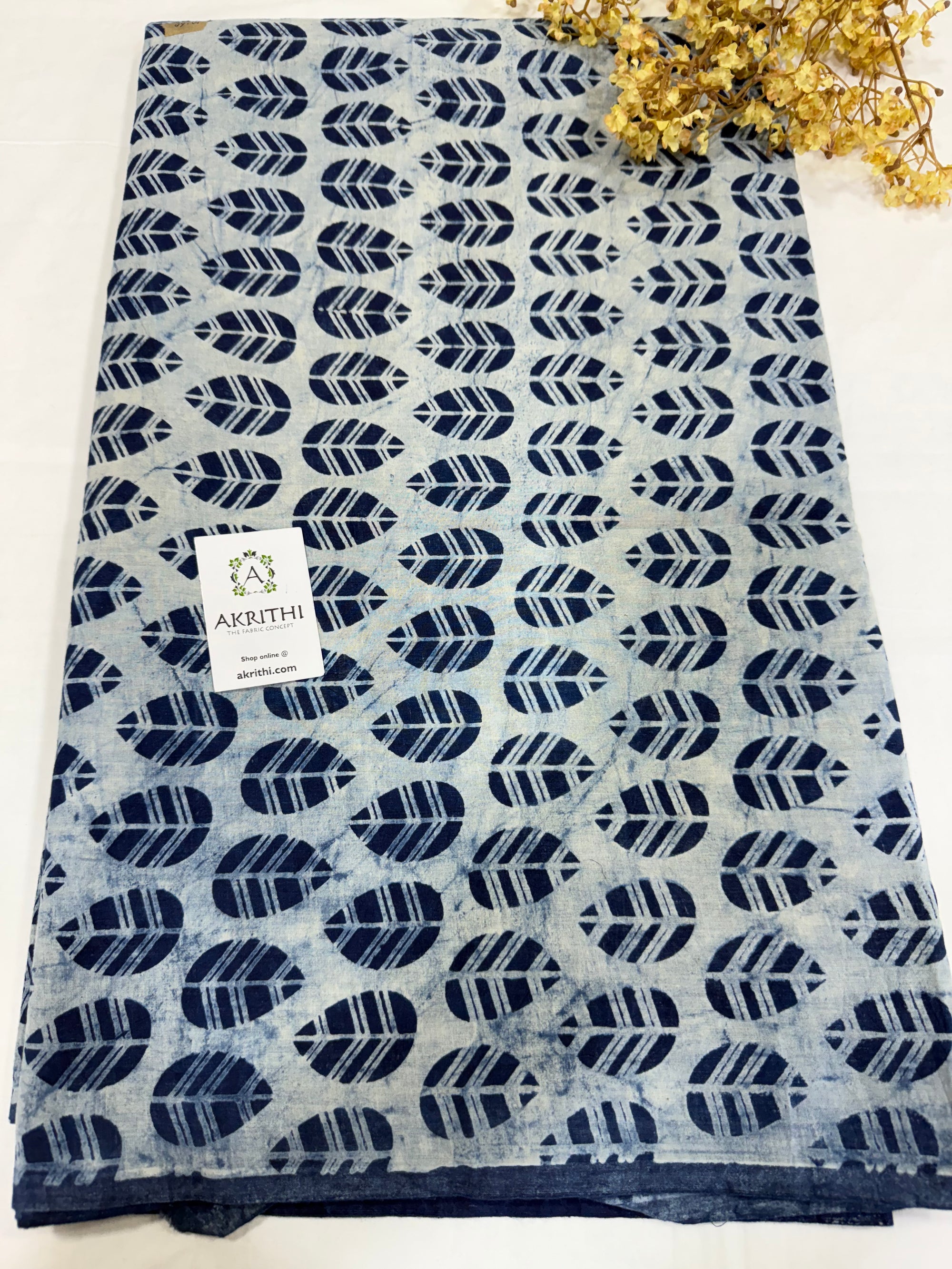 Indigo hand block printed pure cotton fabric