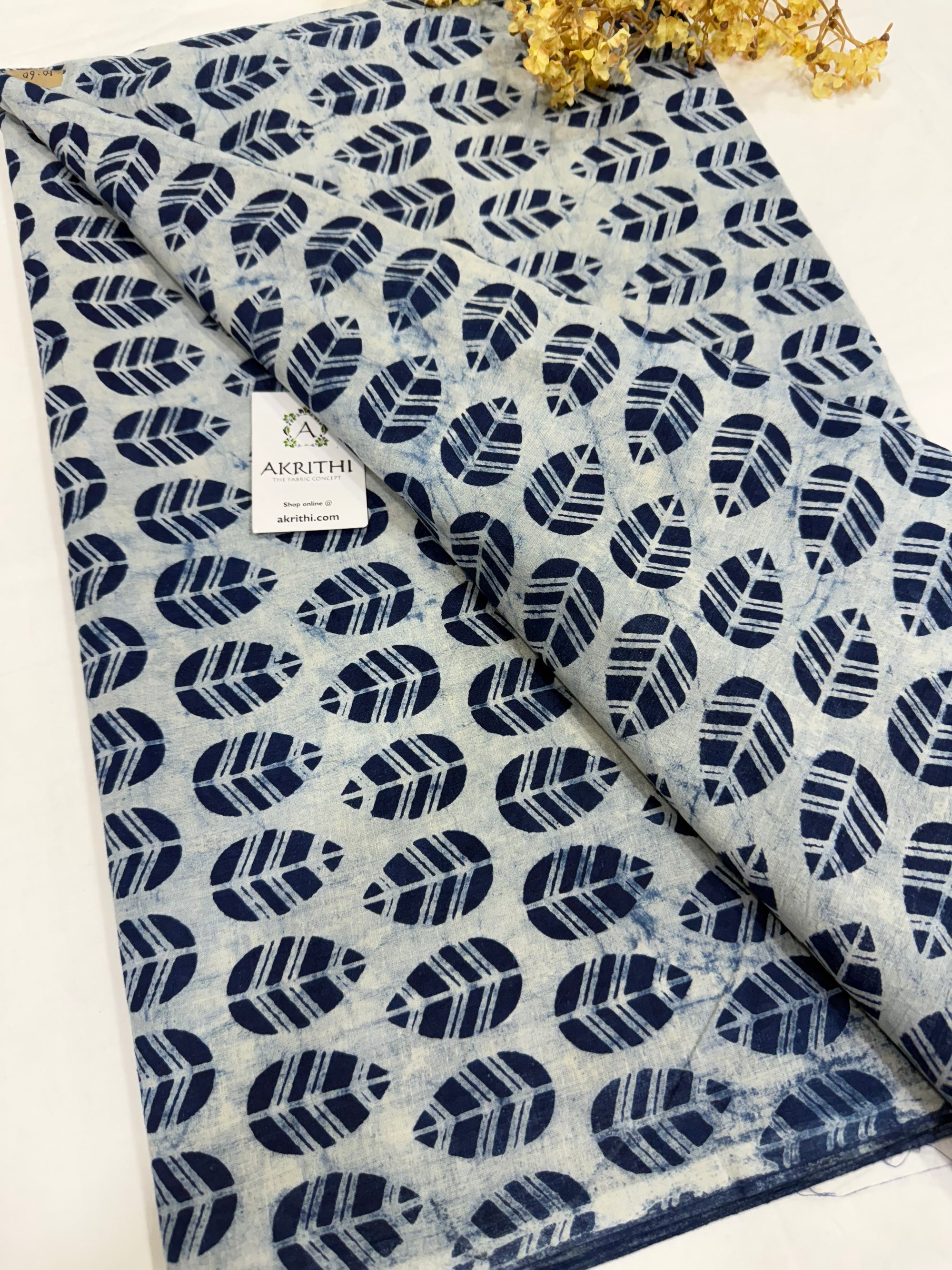Indigo hand block printed pure cotton fabric