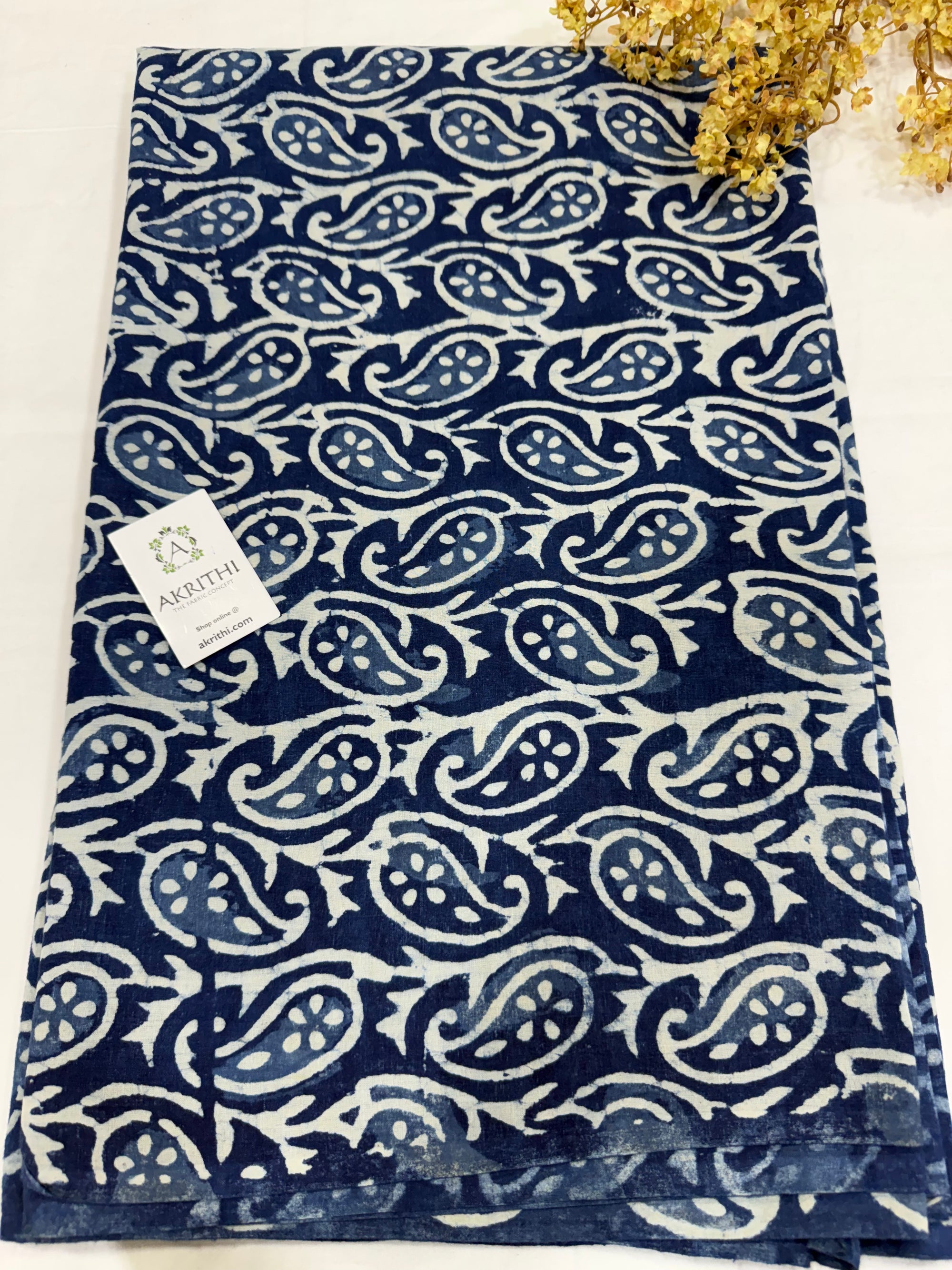 Indigo hand block printed pure cotton fabric