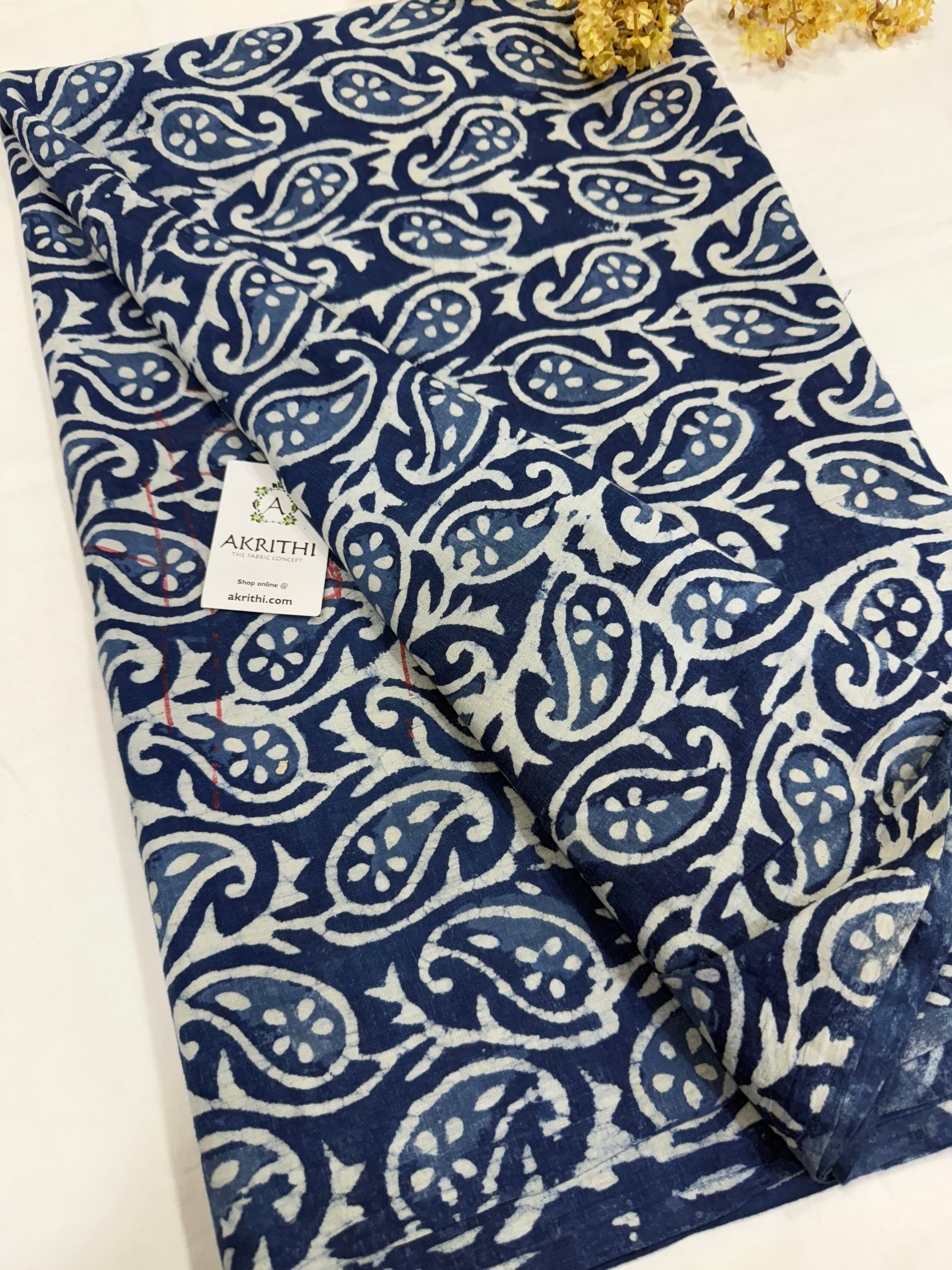 Indigo hand block printed pure cotton fabric