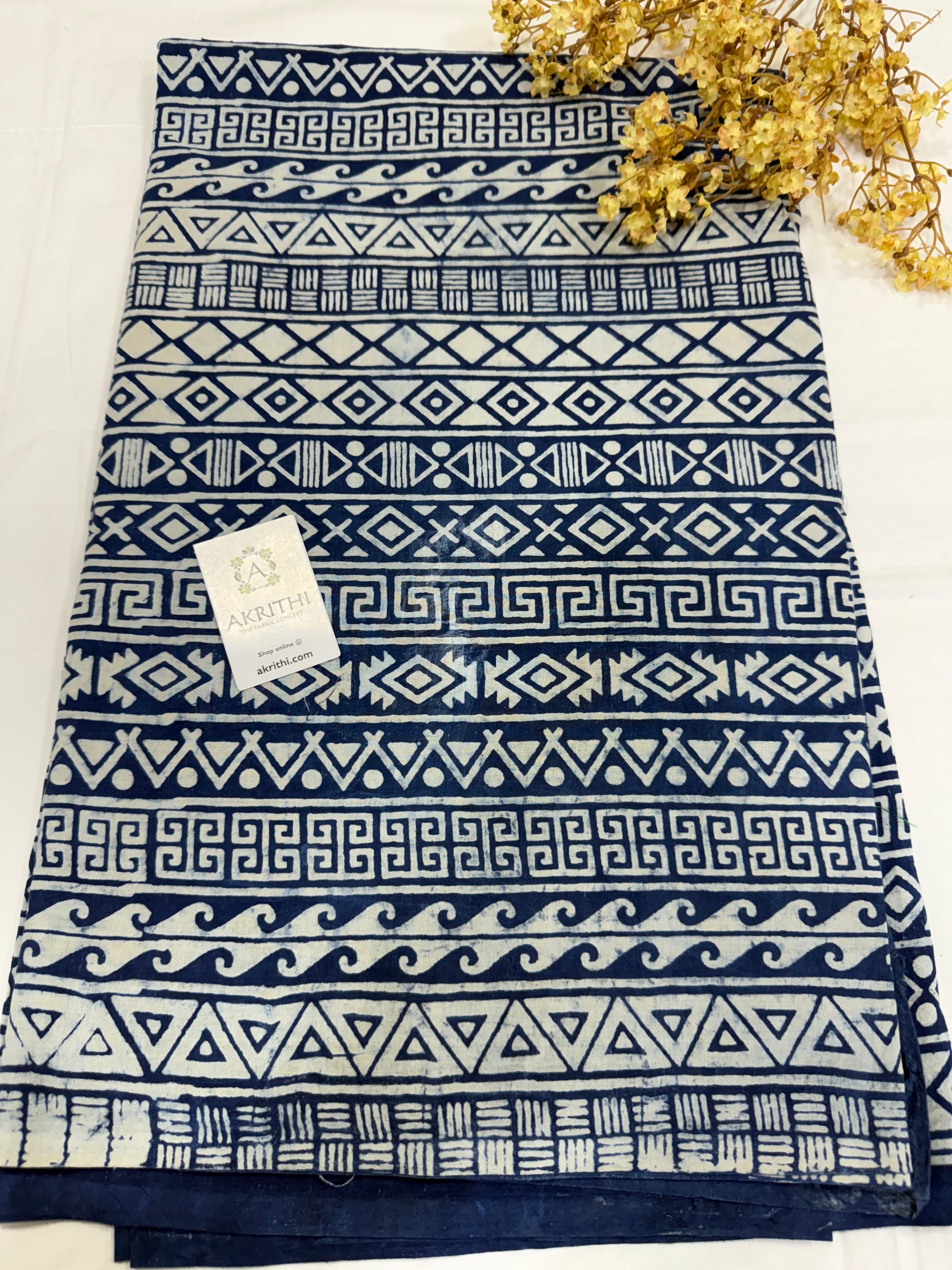 Indigo hand block printed pure cotton fabric