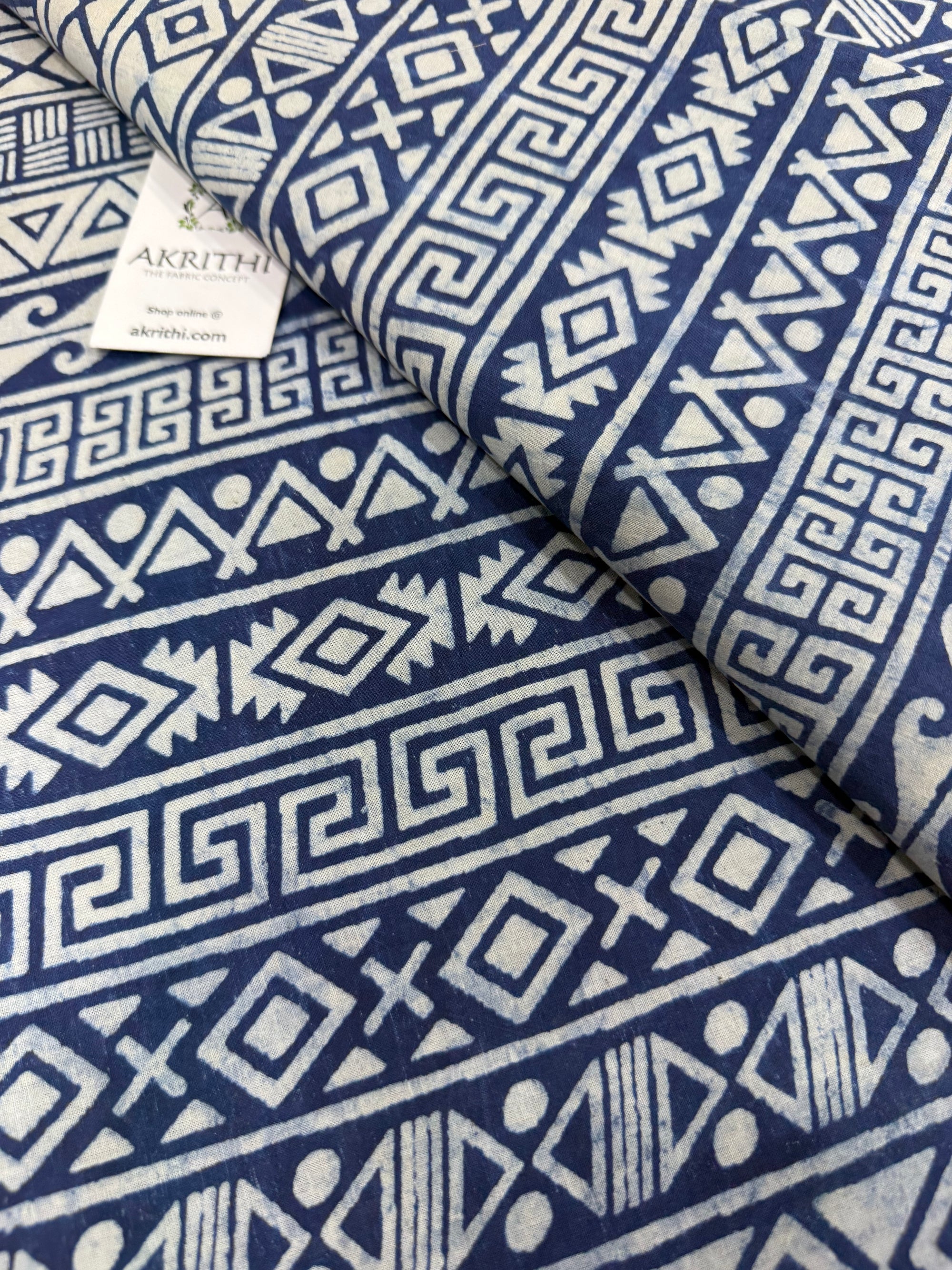 Indigo hand block printed pure cotton fabric