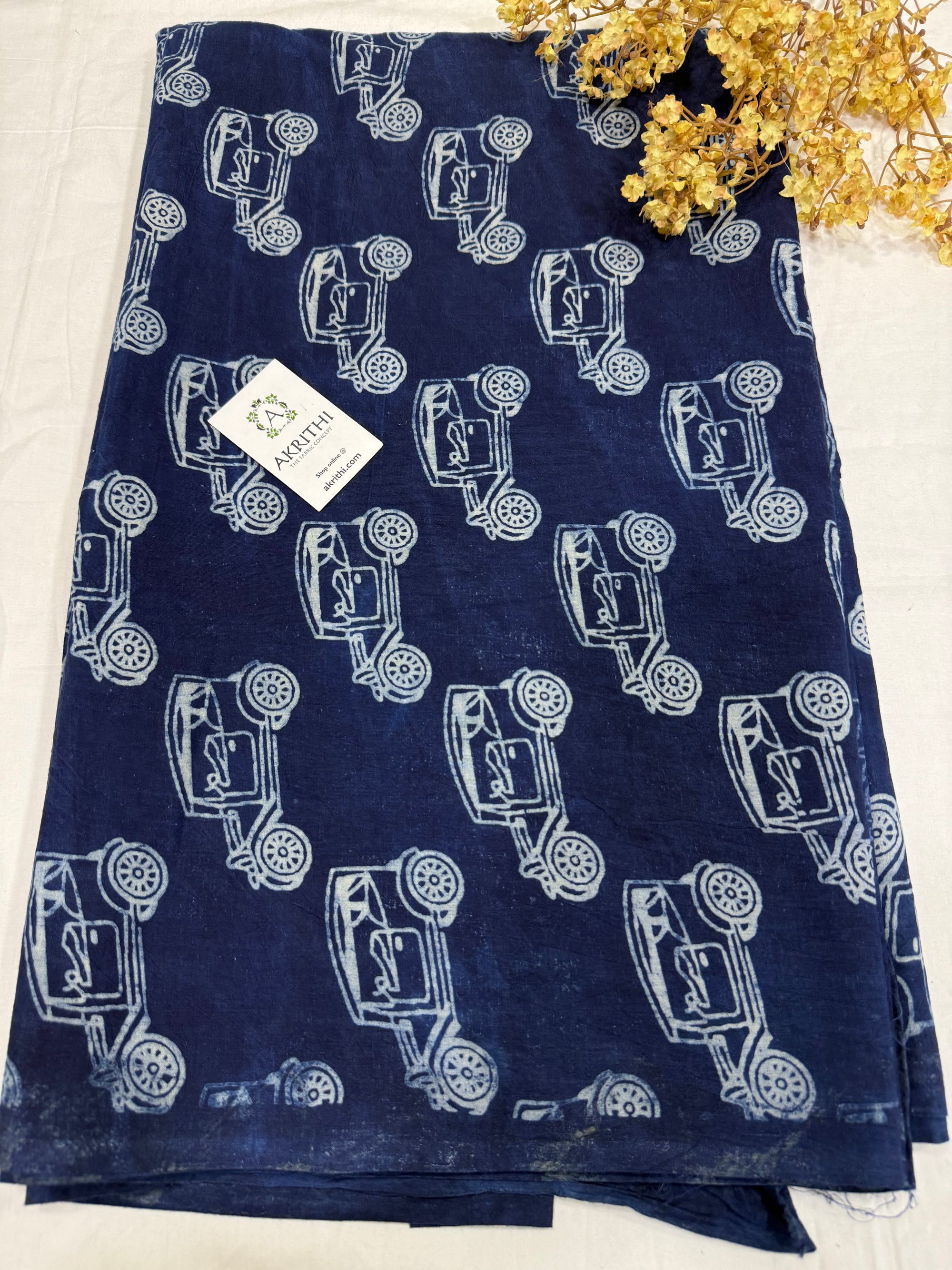Indigo hand block printed pure cotton fabric