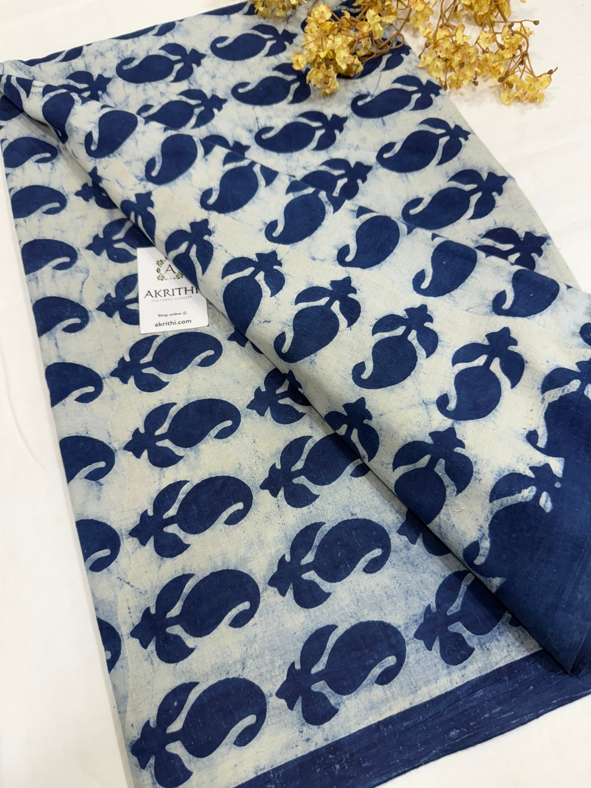 Indigo hand block printed pure cotton fabric