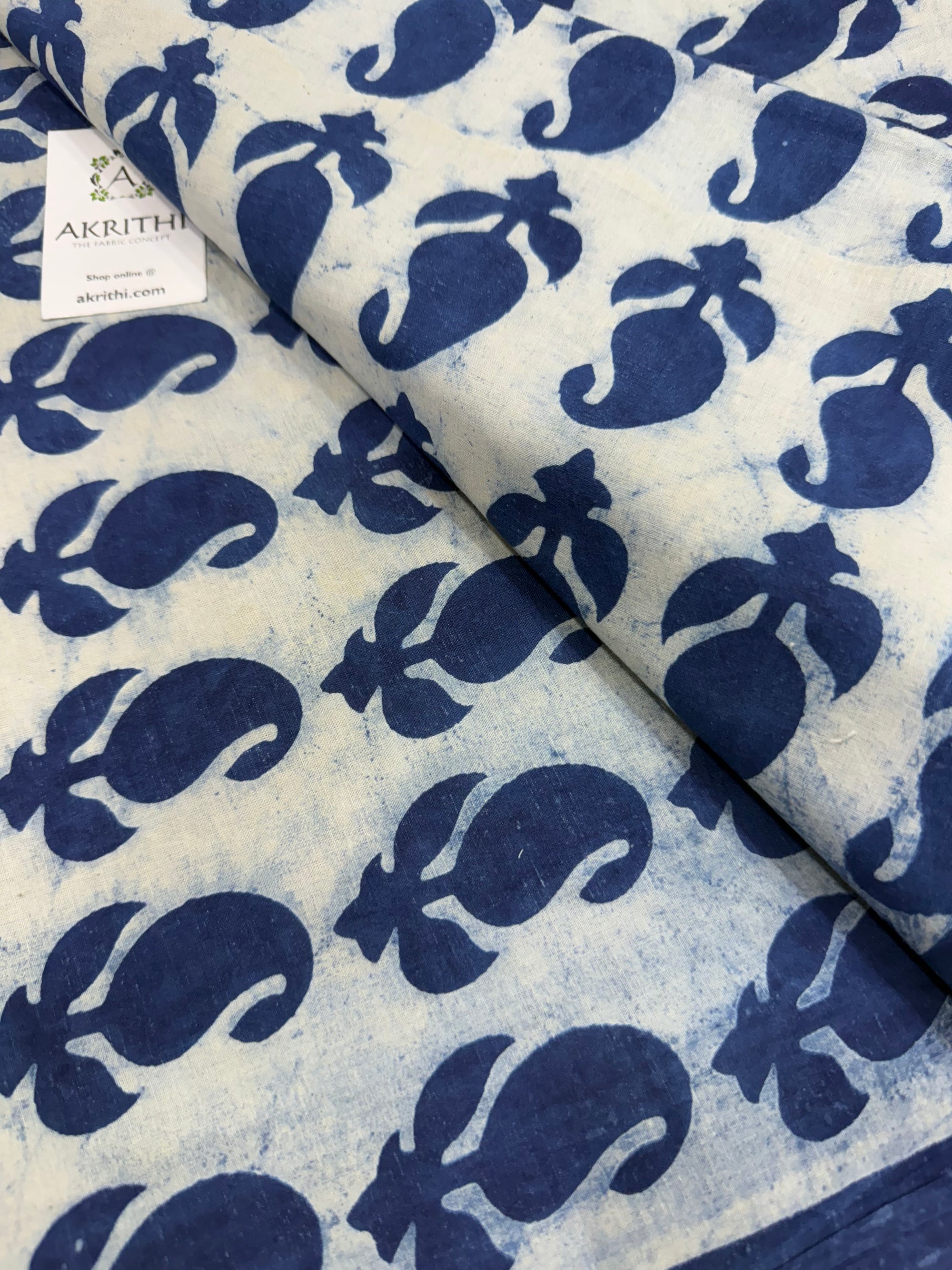 Indigo hand block printed pure cotton fabric