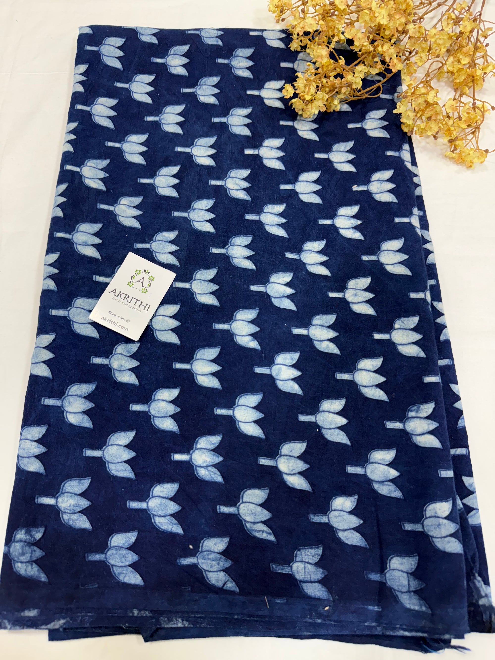Indigo hand block printed pure cotton fabric