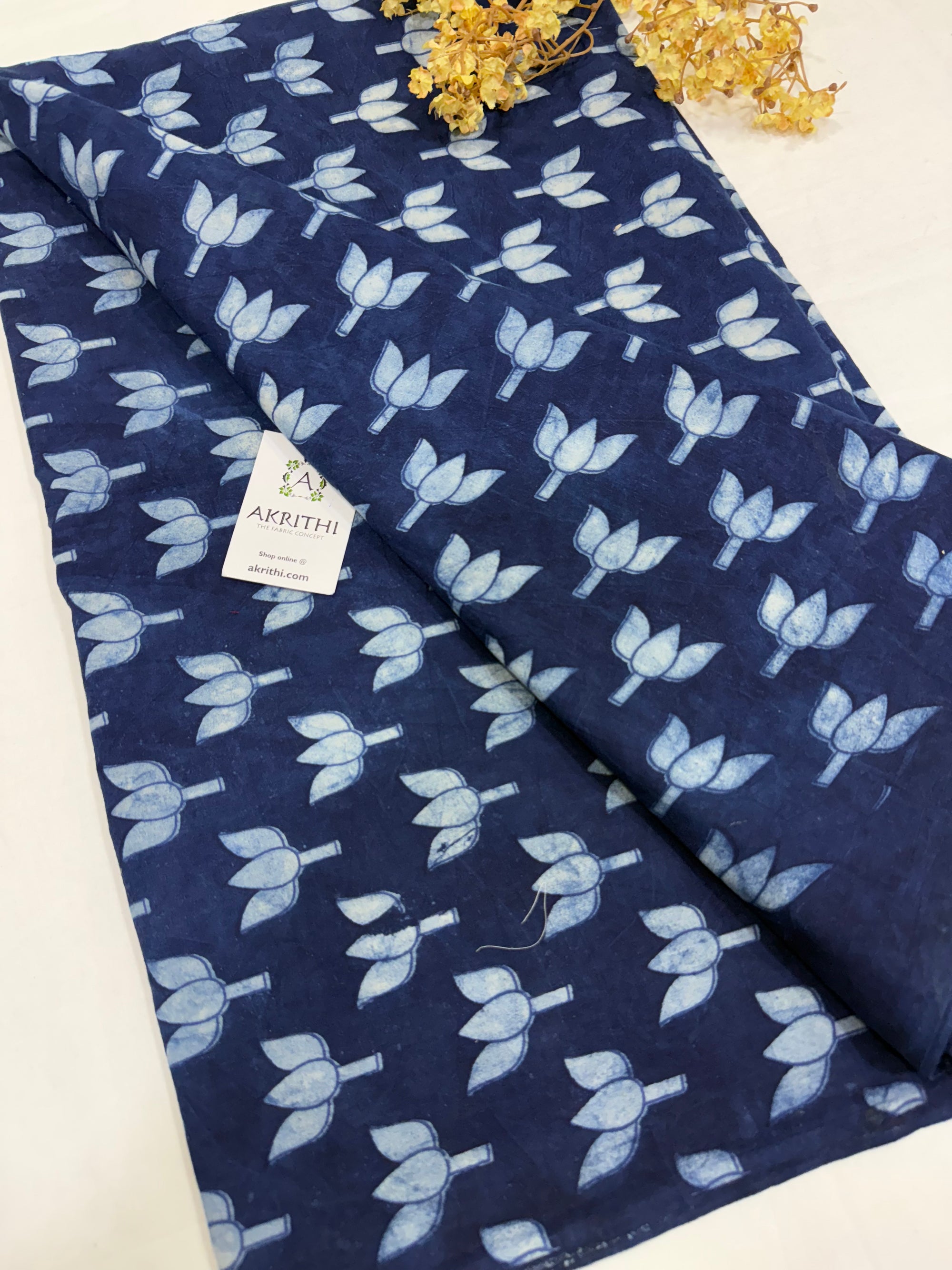 Indigo hand block printed pure cotton fabric
