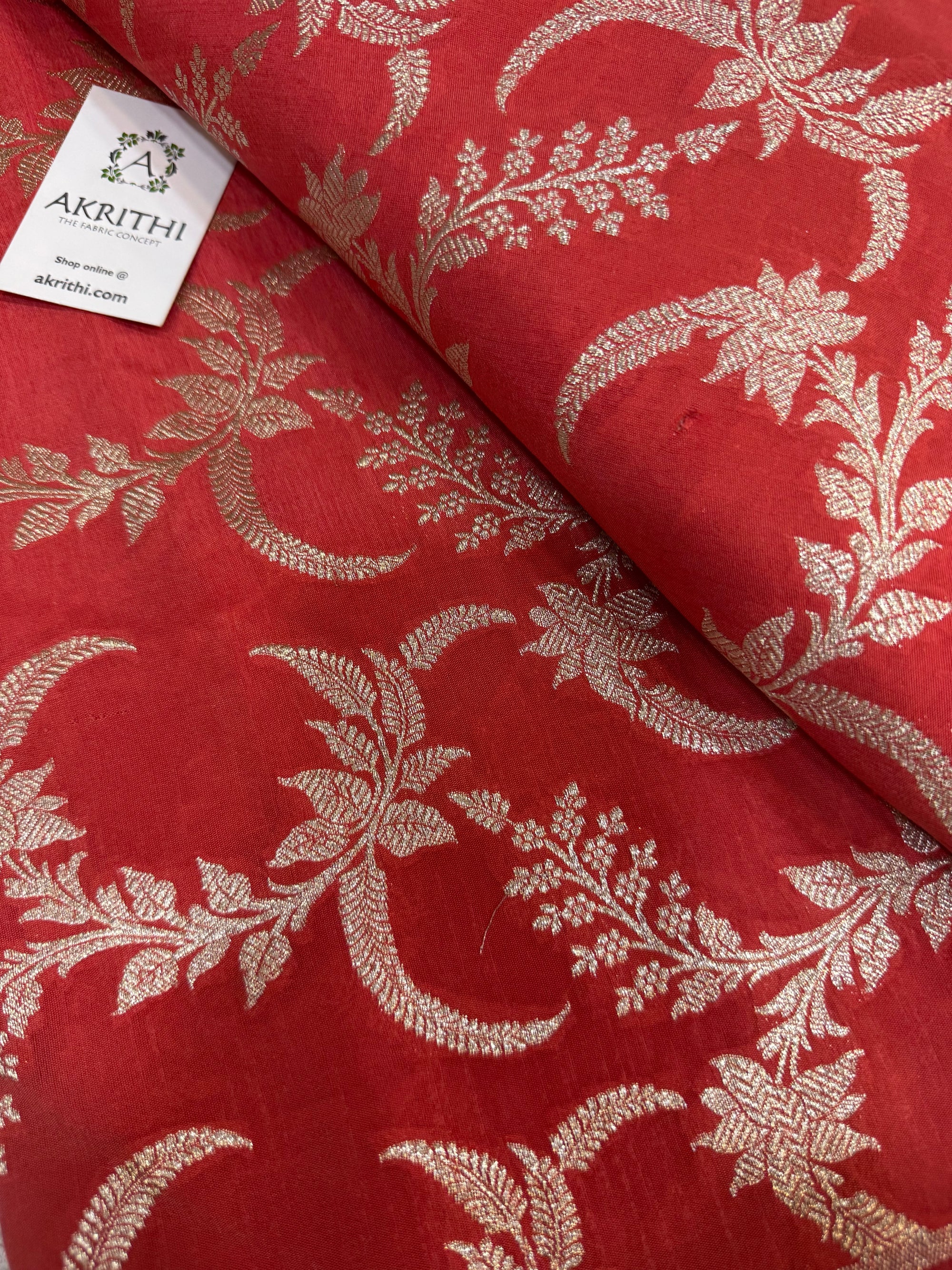 Pure Banarasi raw silk brocade fabric peach colour