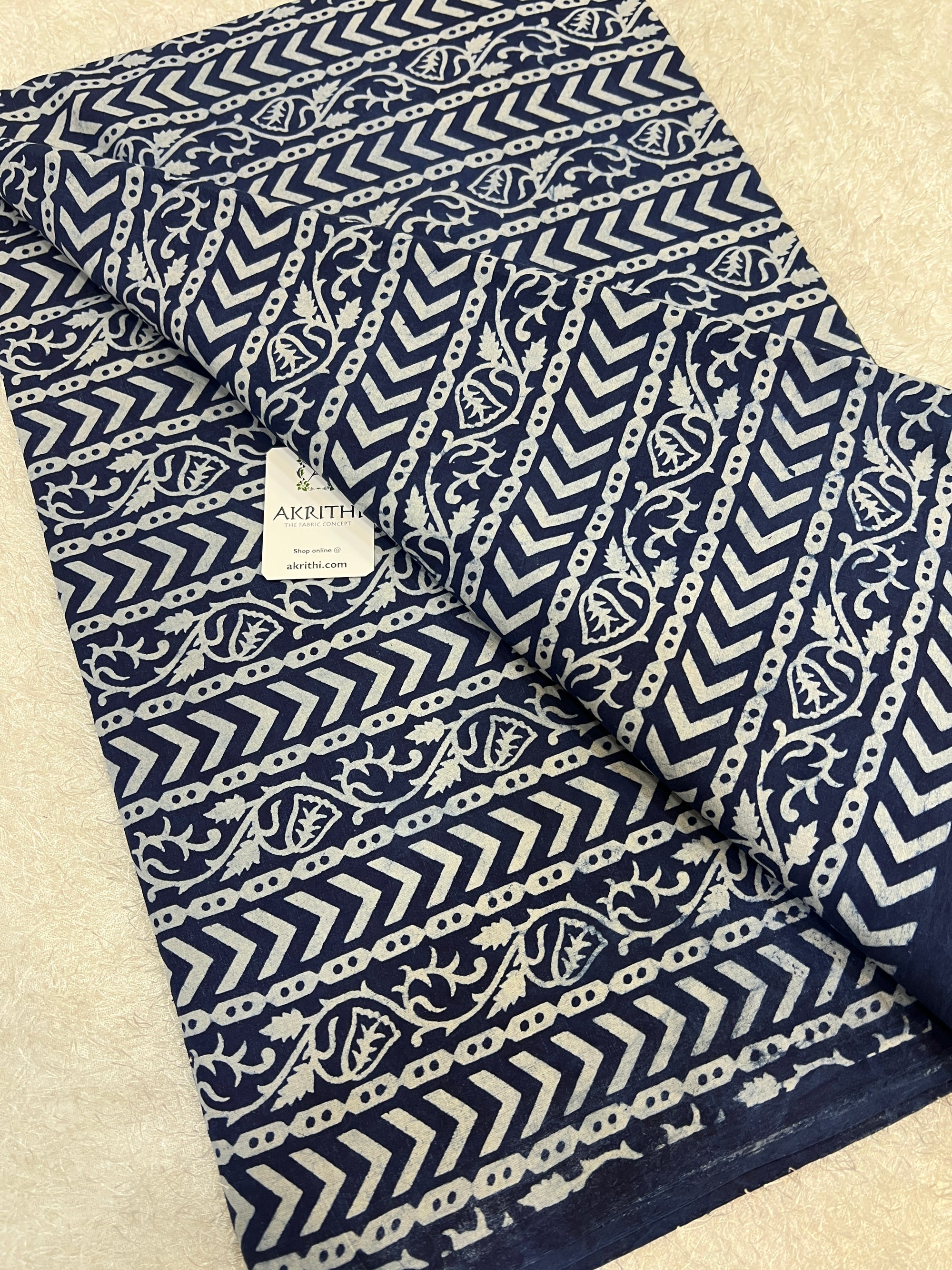 Indigo hand block printed pure cotton fabric