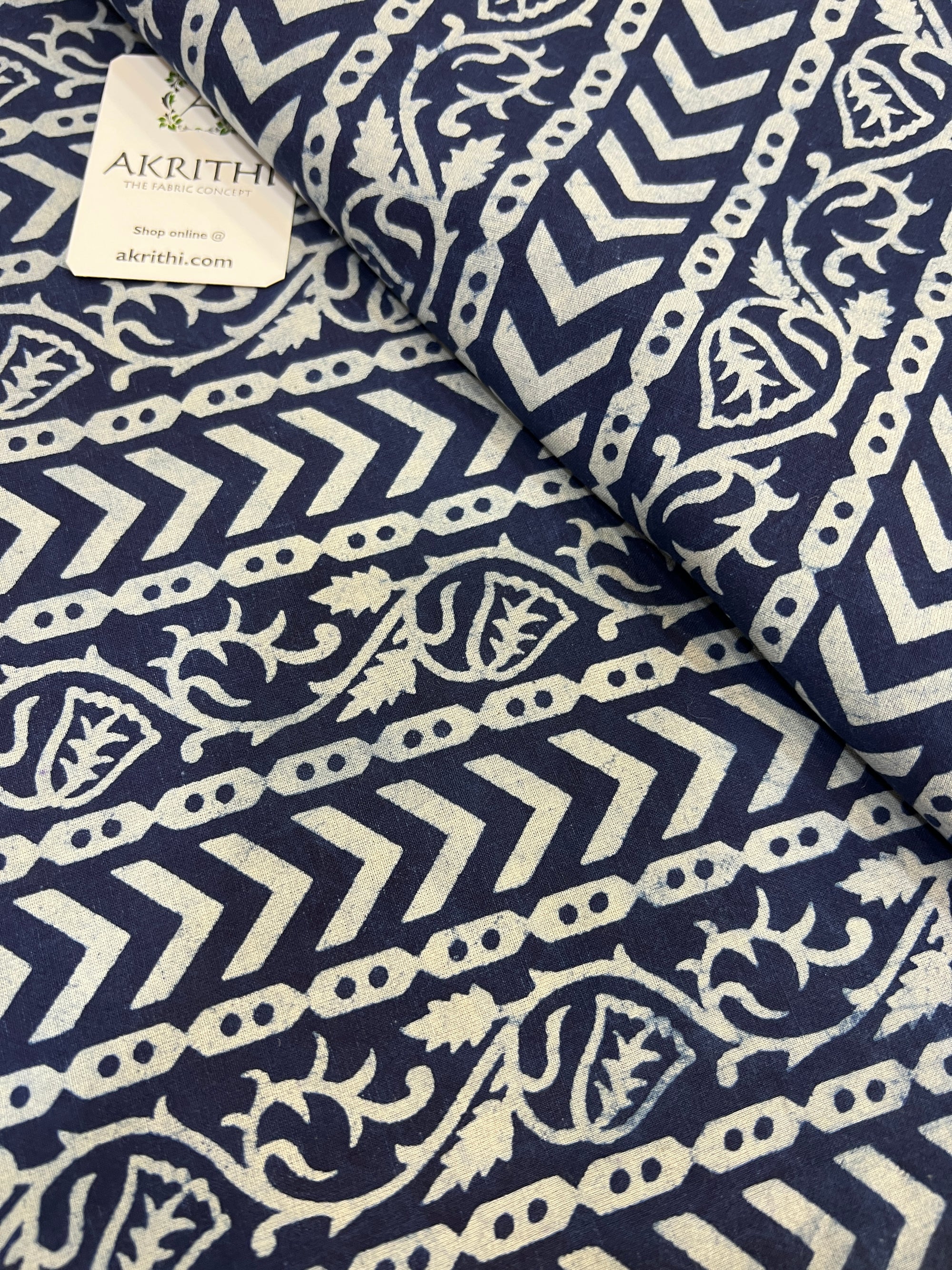 Indigo hand block printed pure cotton fabric
