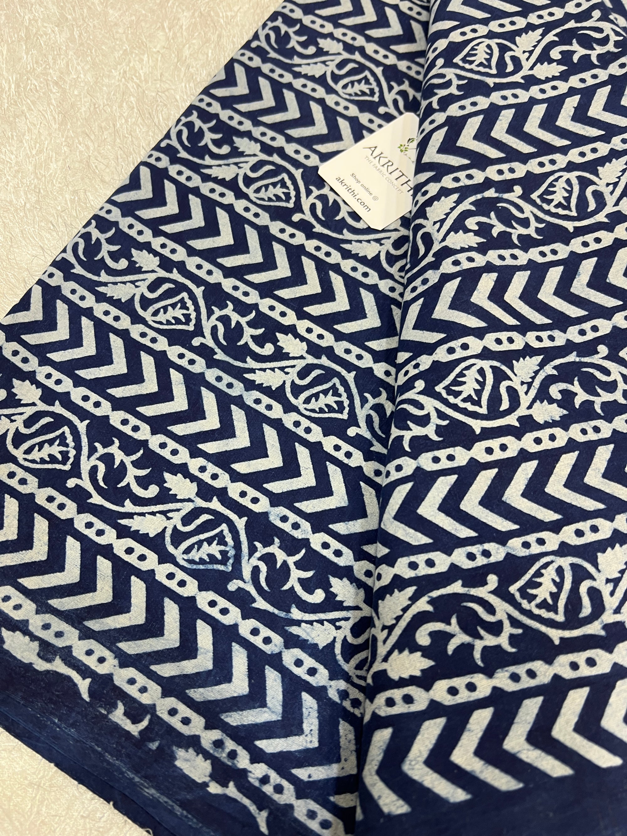 Indigo hand block printed pure cotton fabric