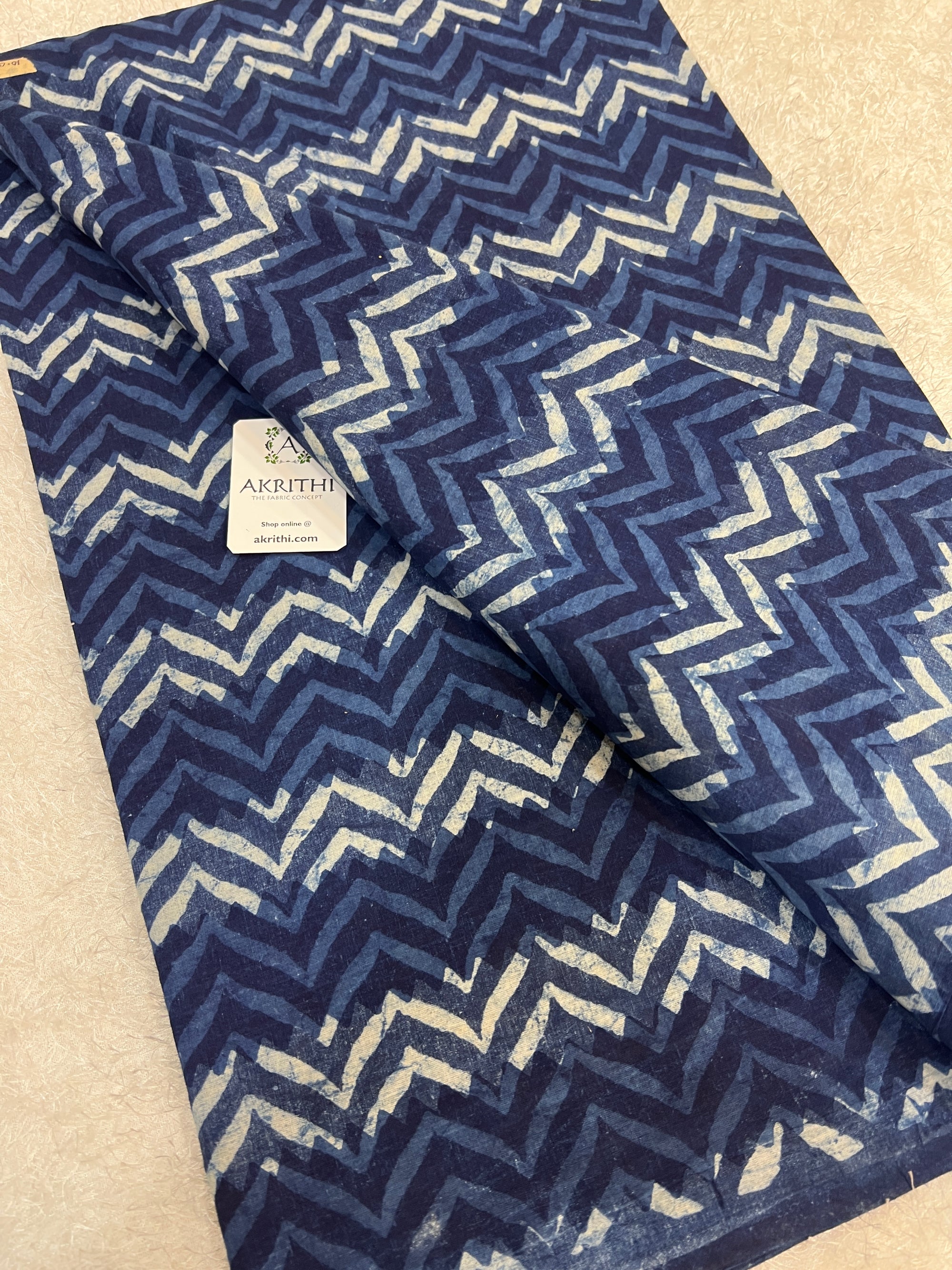 Indigo hand block printed pure cotton fabric