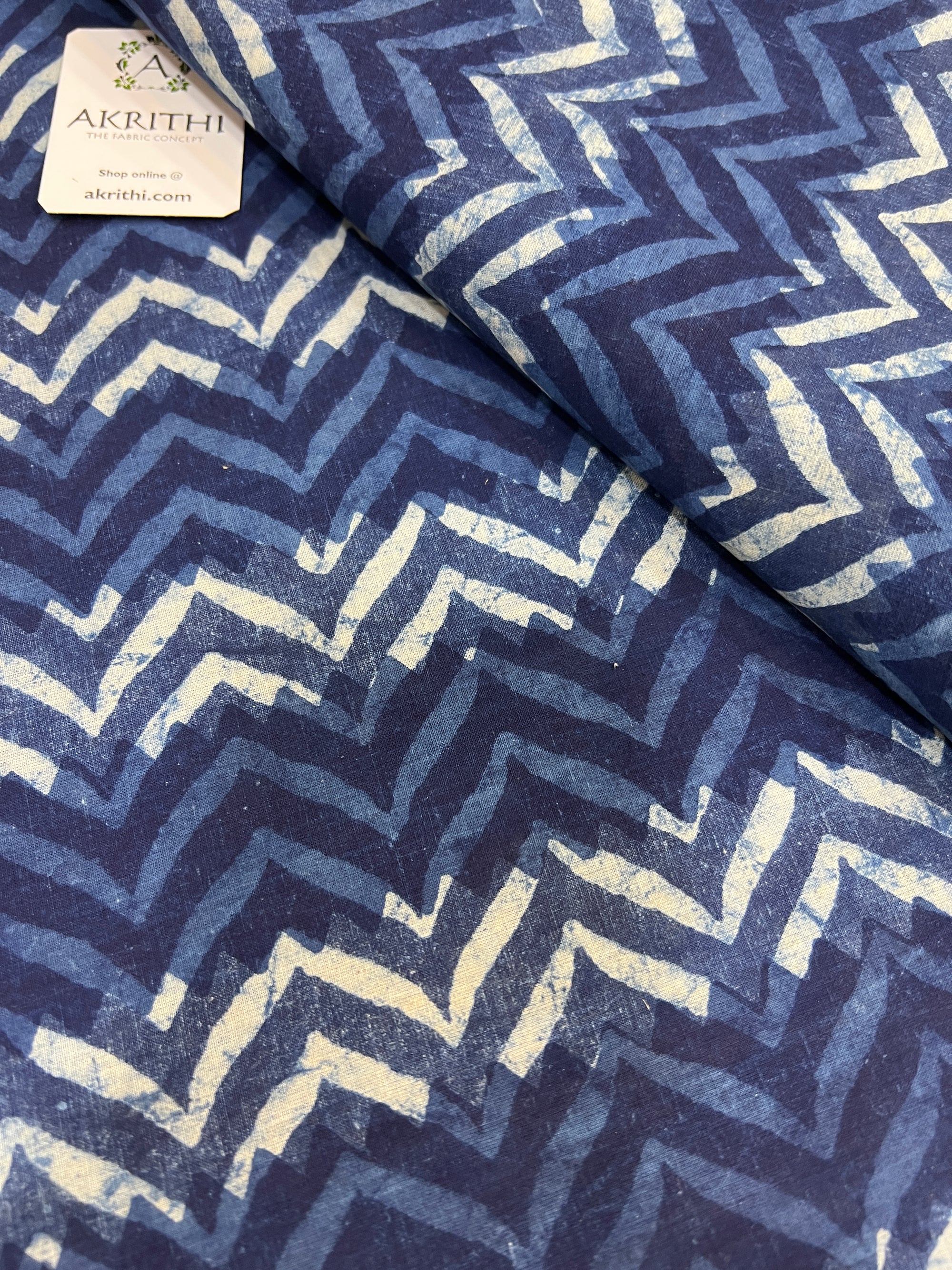 Indigo hand block printed pure cotton fabric