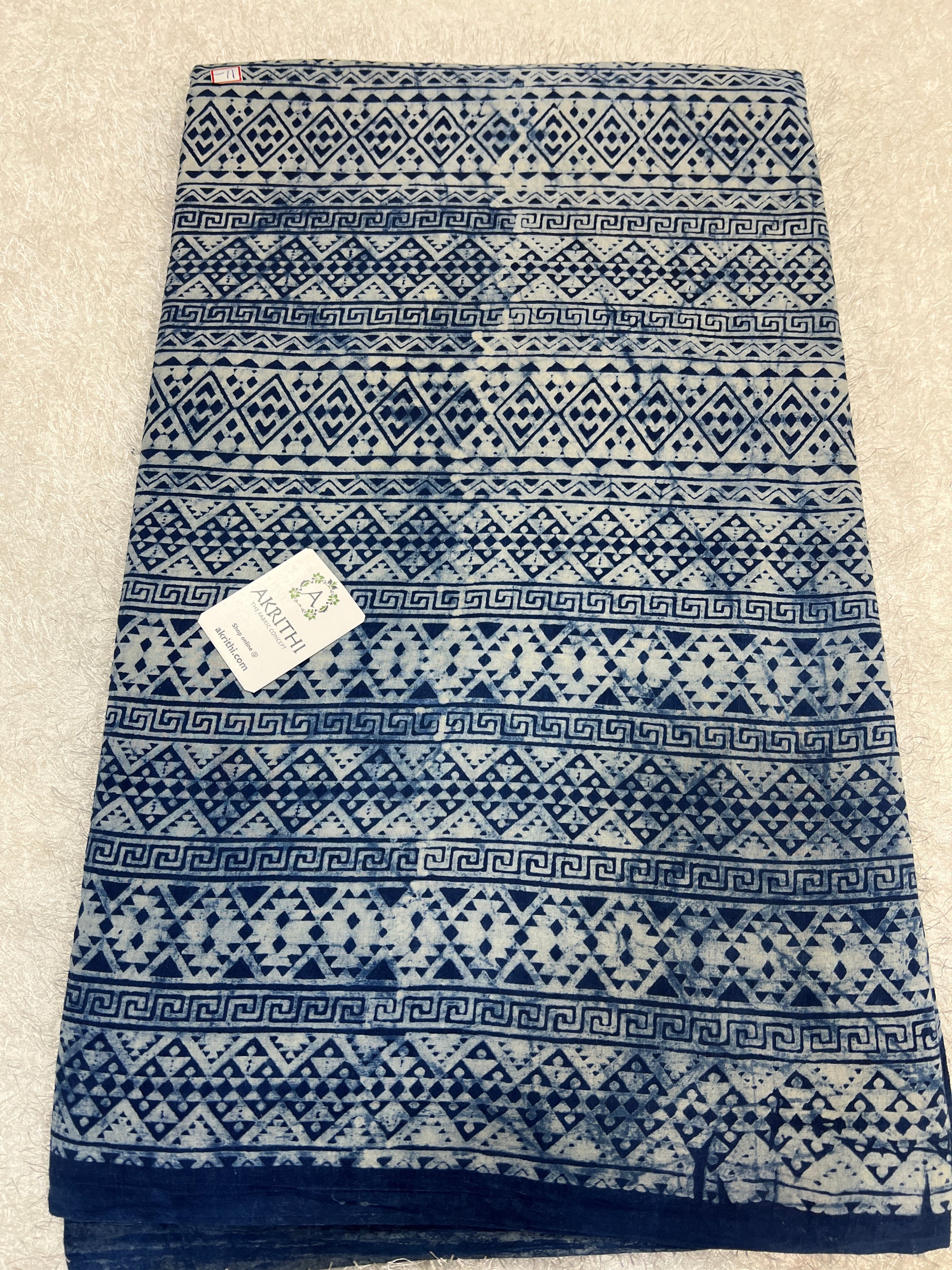 Indigo hand block printed pure cotton fabric
