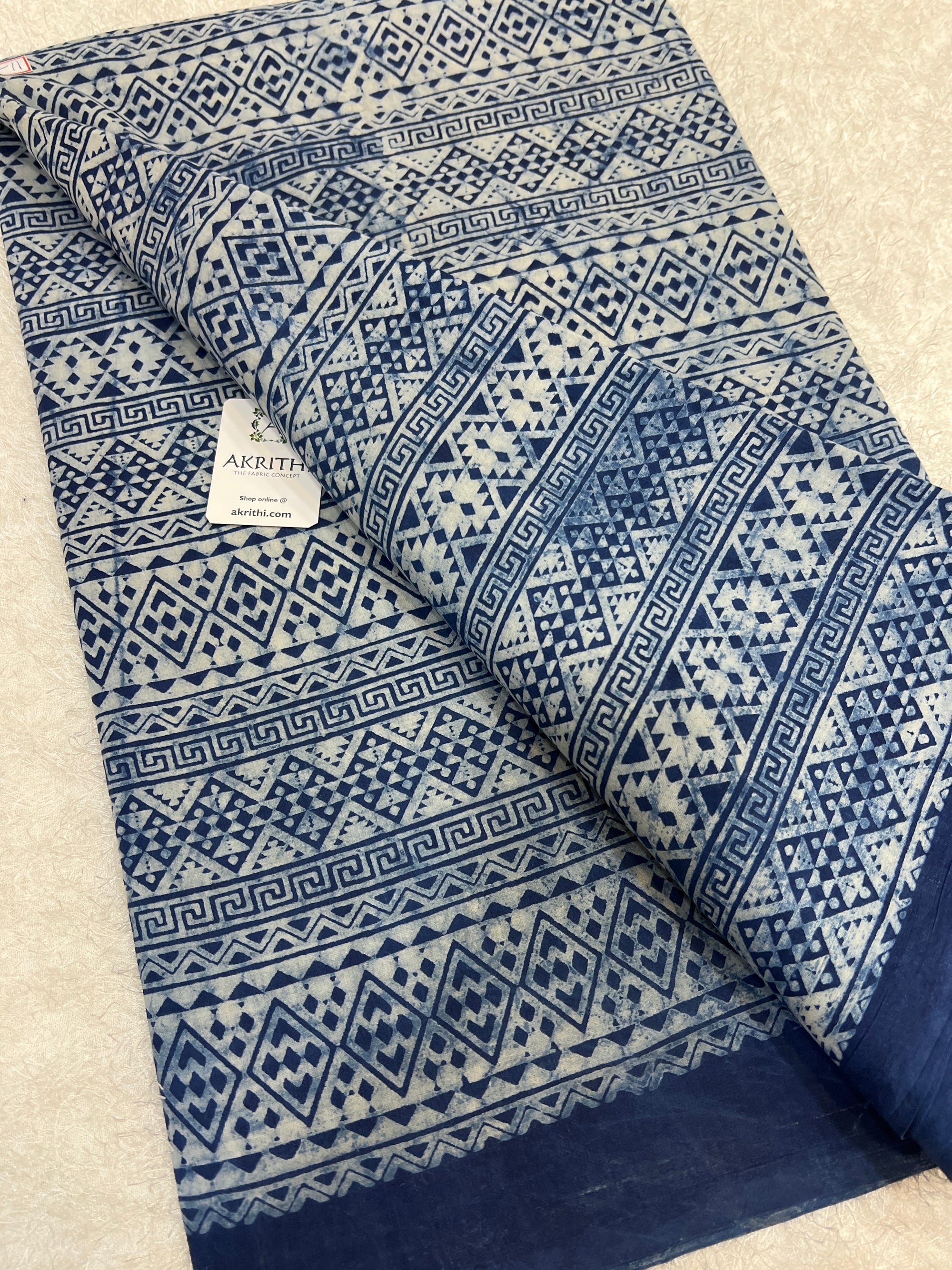 Indigo hand block printed pure cotton fabric