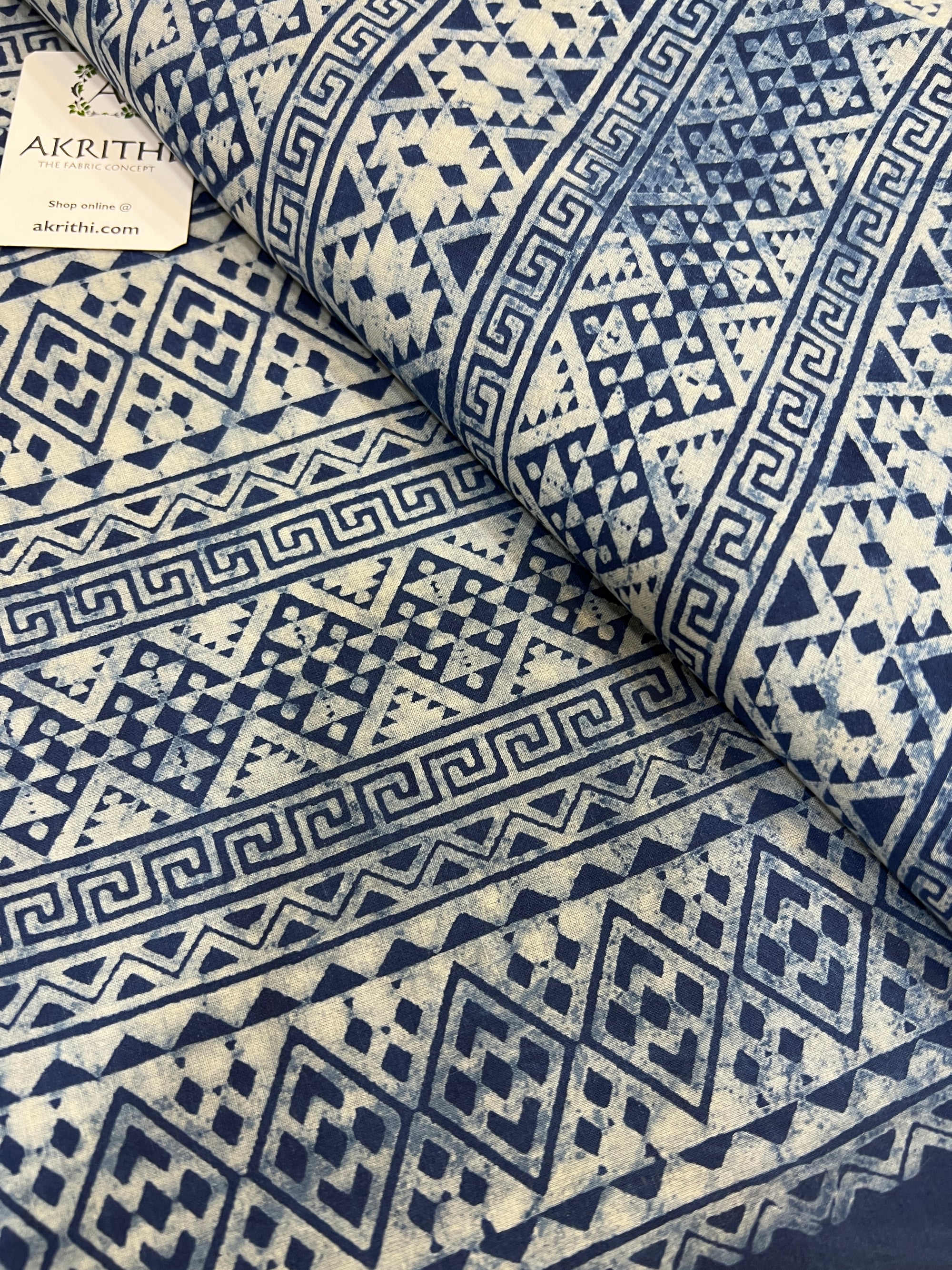 Indigo hand block printed pure cotton fabric