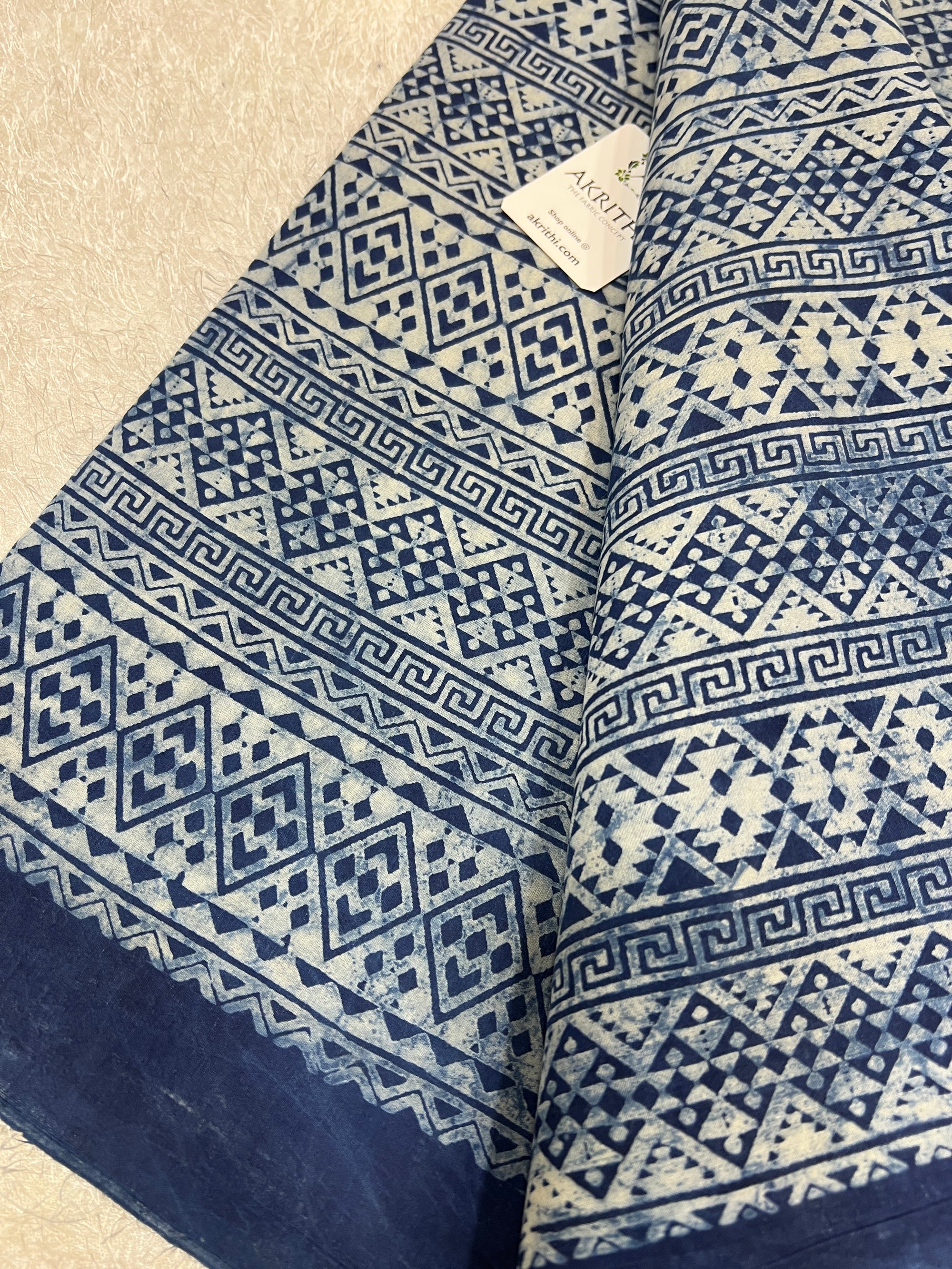 Indigo hand block printed pure cotton fabric