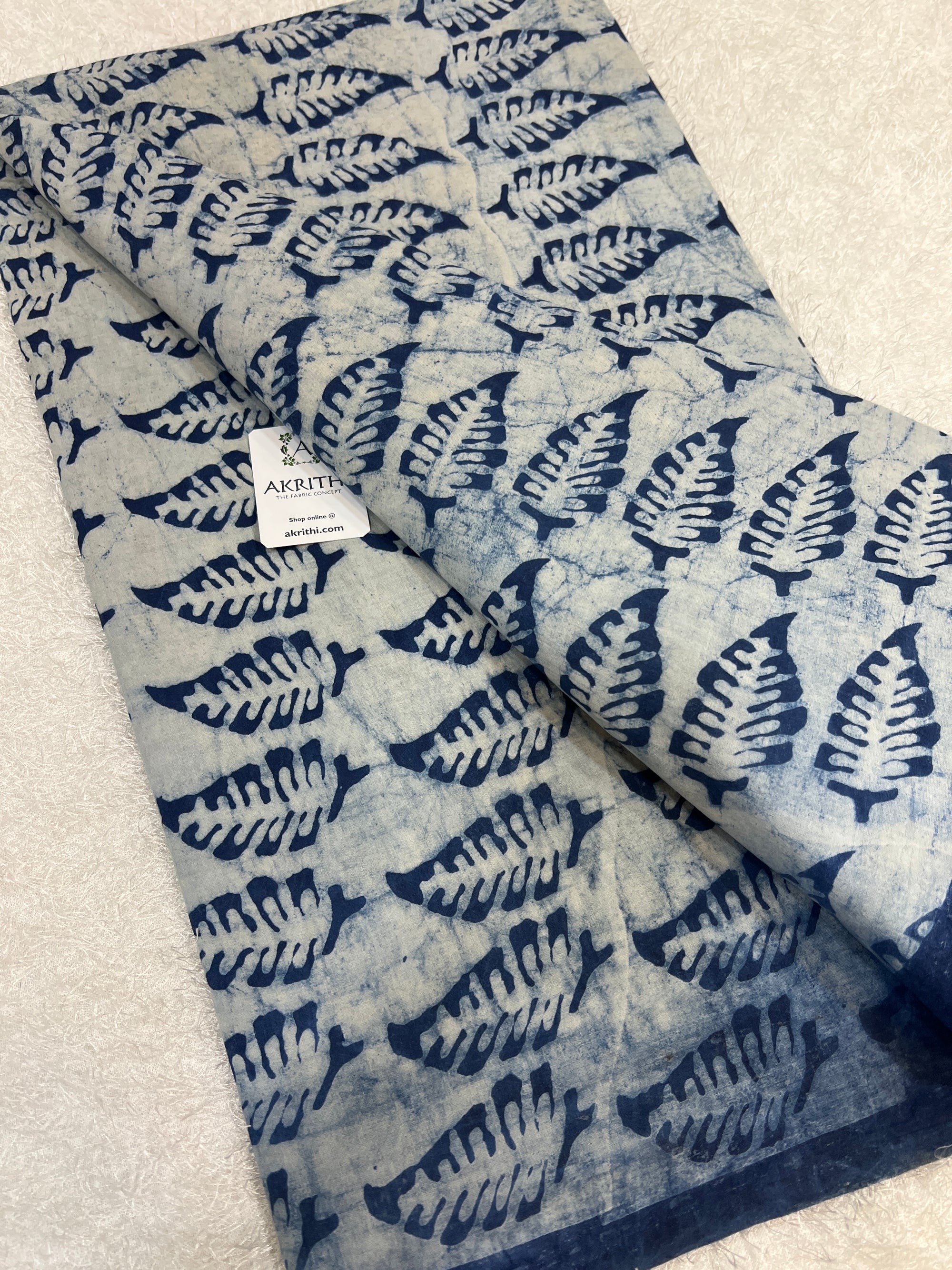 Indigo hand block printed pure cotton fabric