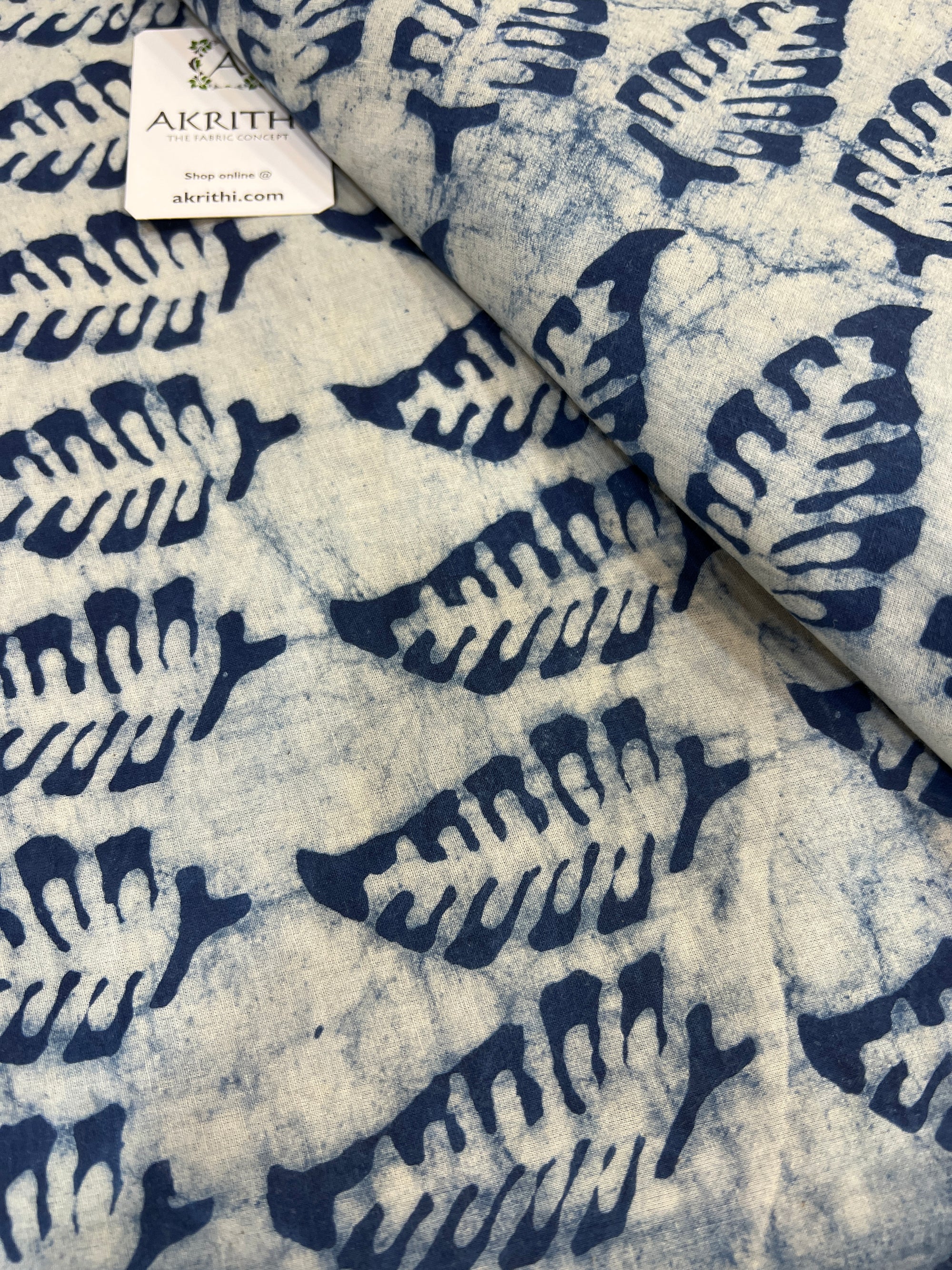 Indigo hand block printed pure cotton fabric