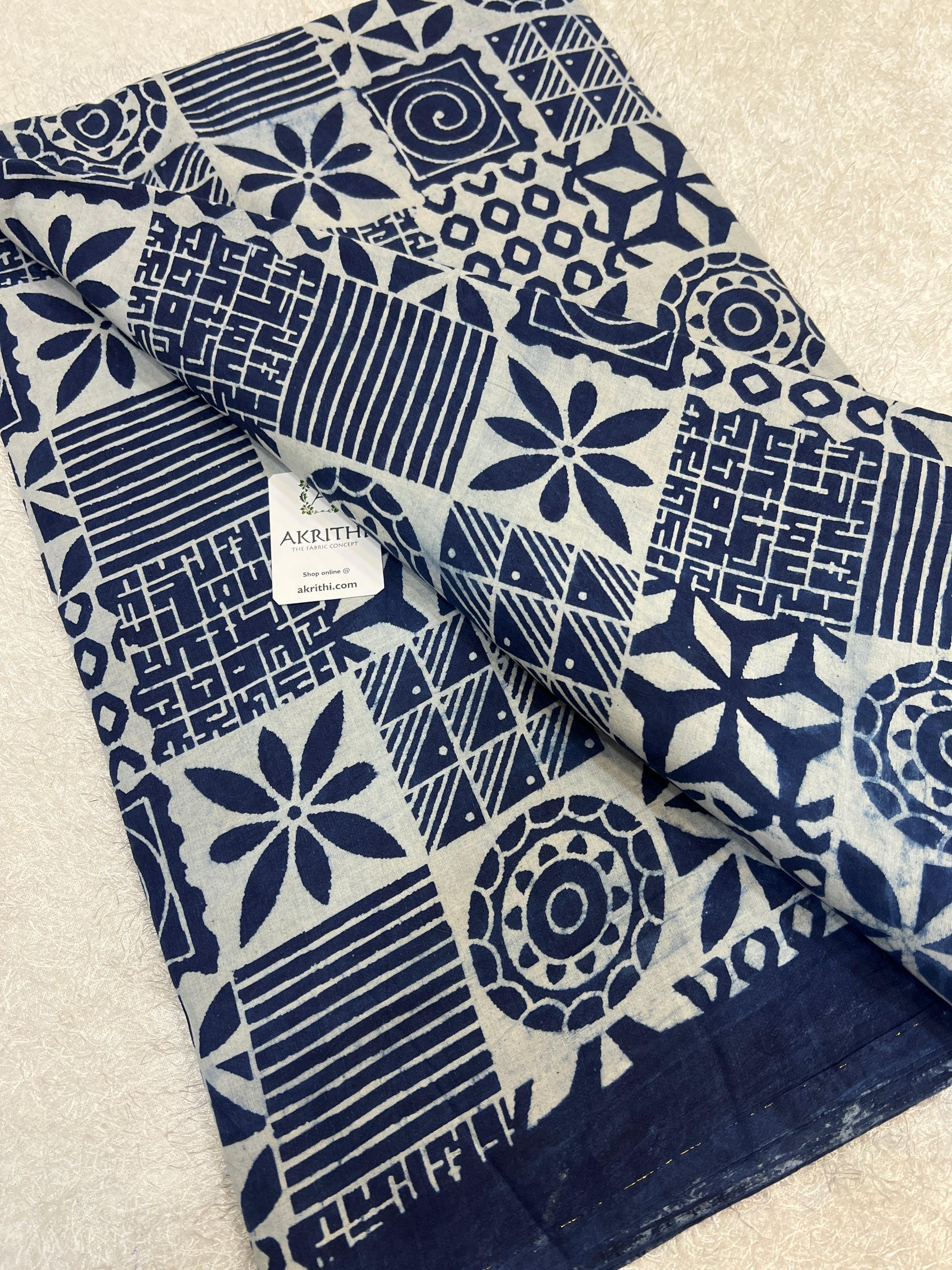 Indigo hand block printed pure cotton fabric