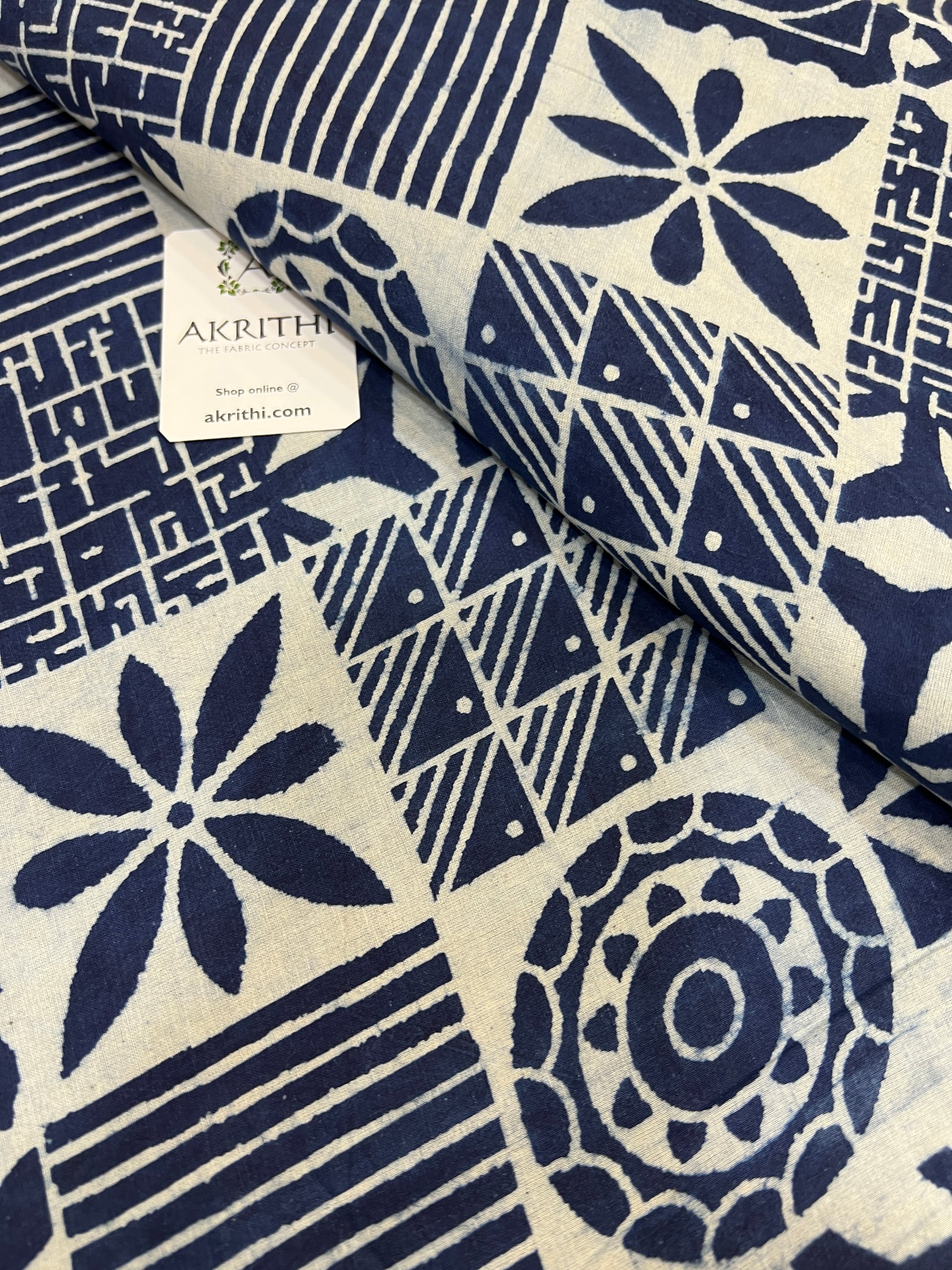 Indigo hand block printed pure cotton fabric