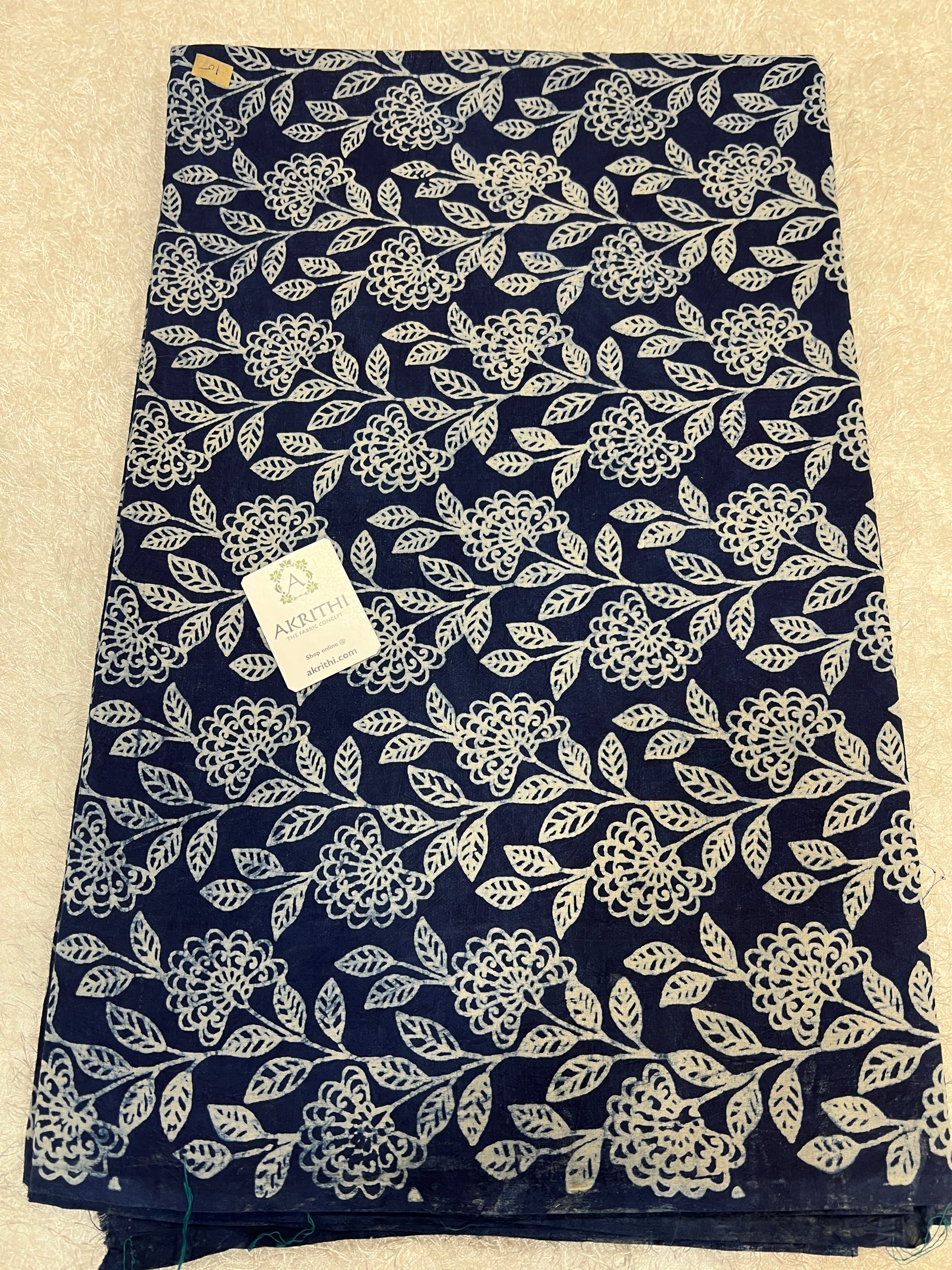 Indigo hand block printed pure cotton fabric