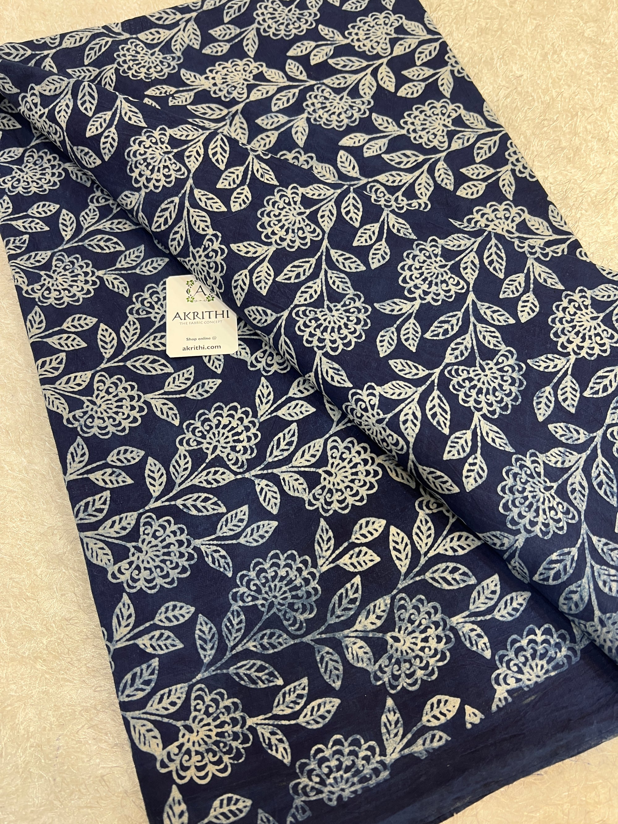 Indigo hand block printed pure cotton fabric